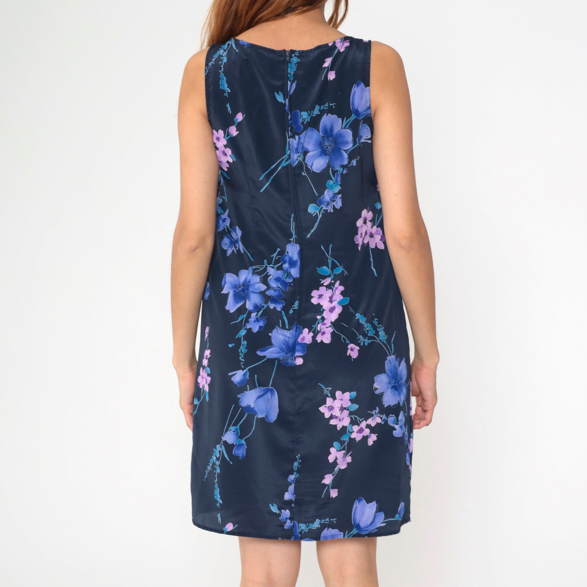 90s Hillard & Hanson Floral Mini Shift Dress Navy Sleeveless Small