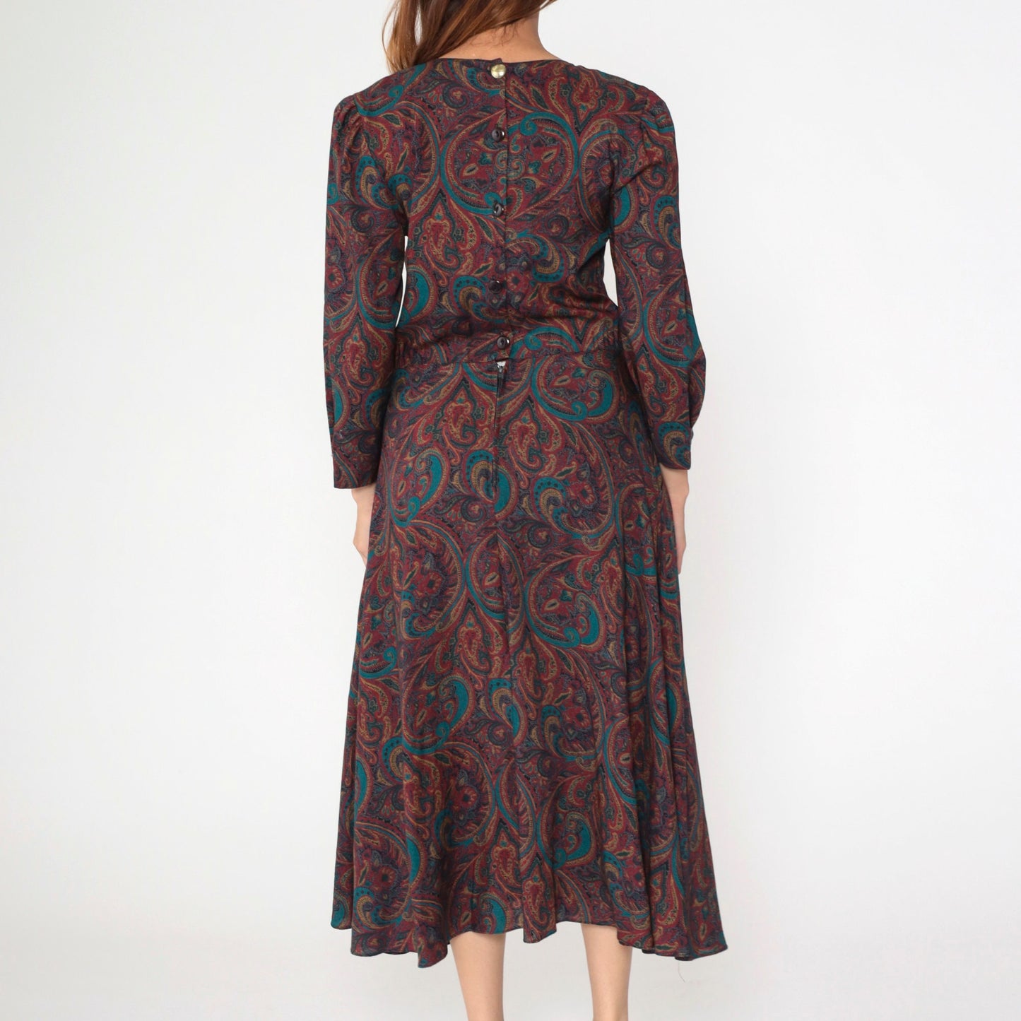 80s Paisley Midi Dress Puff Sleeve Drop Waist Pleated Pockets Medium