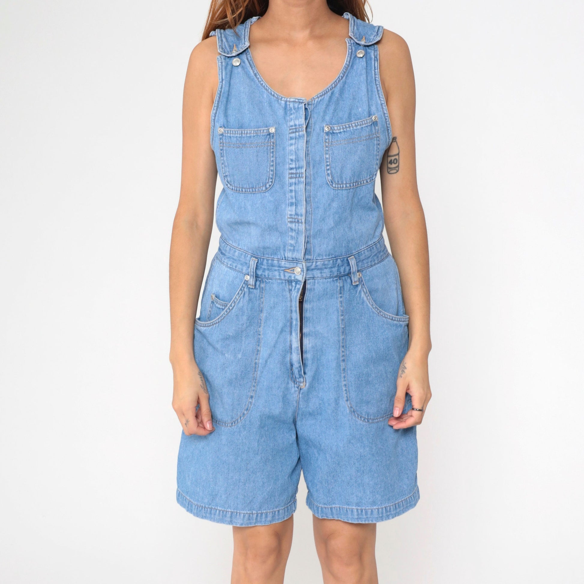 90s Gloria Vanderbilt Denim Romper Playsuit Utility Pockets Sleeveless Small
