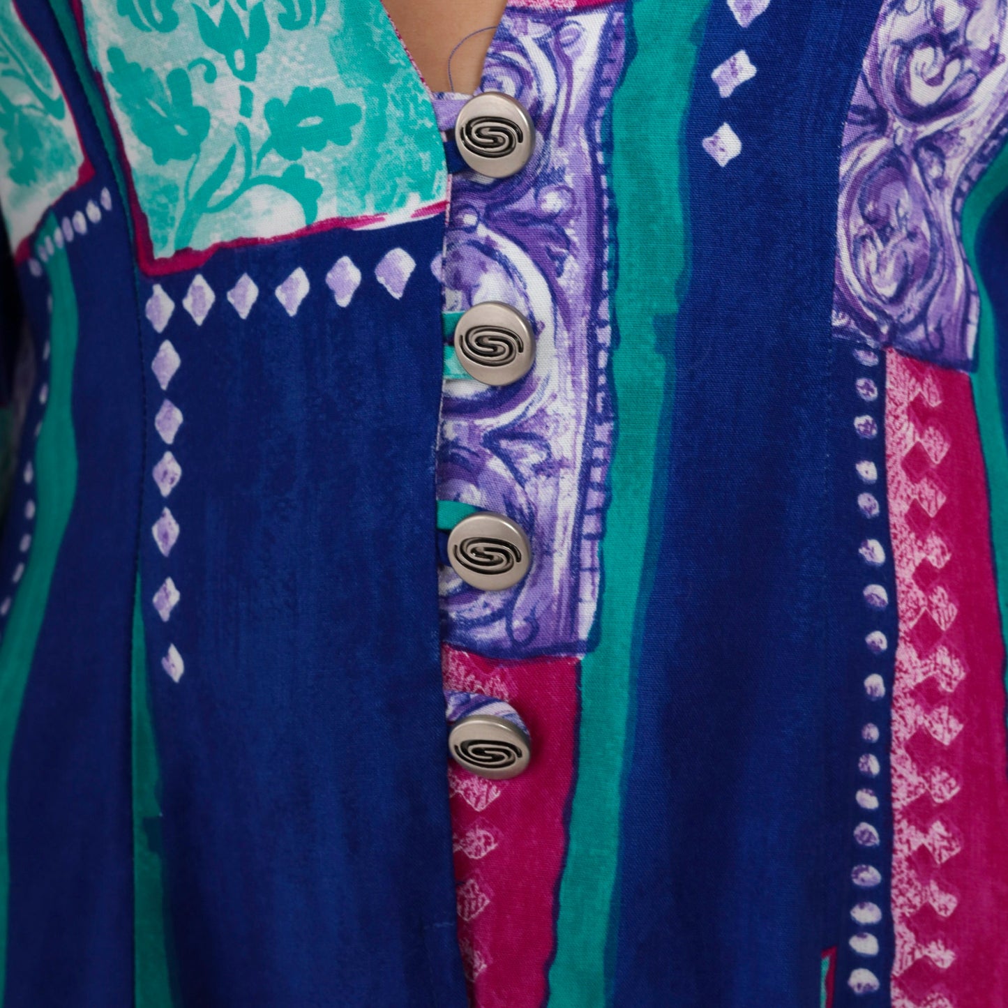 90s Anthony Mark Hankins Floral Striped Button-Up Blouse Deep V Neck Blue Medium