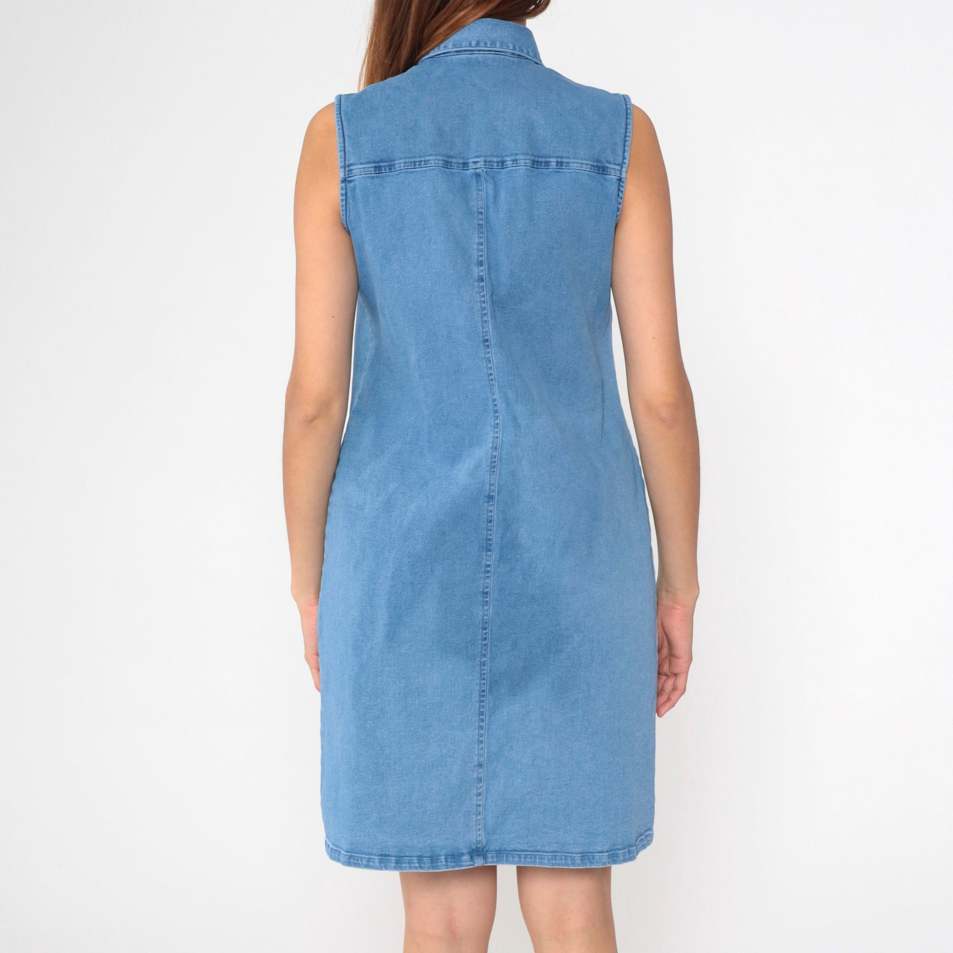 90s Charter Club Denim Mini Dress Button-Up Sleeveless Sheath Blue Medium Petite
