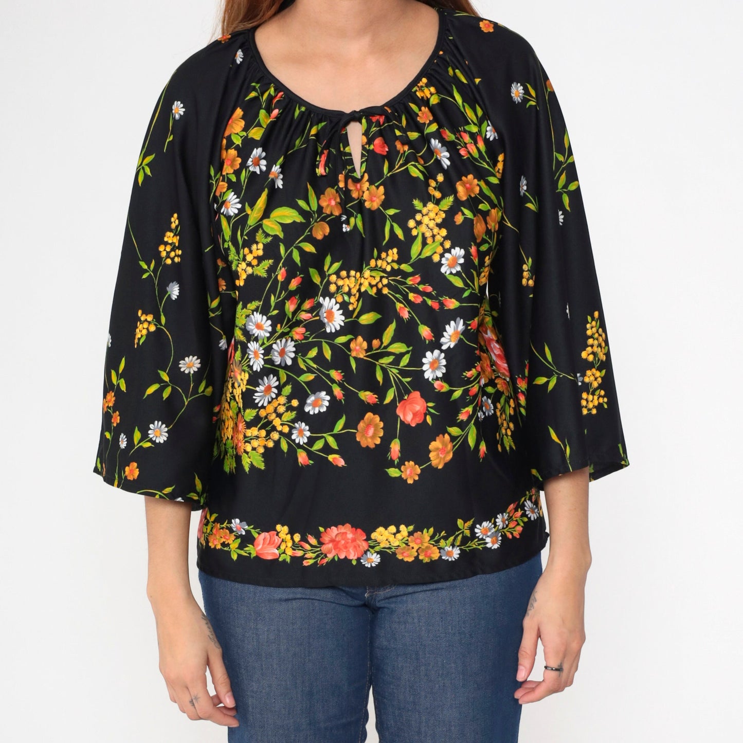 70s Teddi Of California Floral Blouse Black Bell Sleeve Keyhole Neck Medium Large