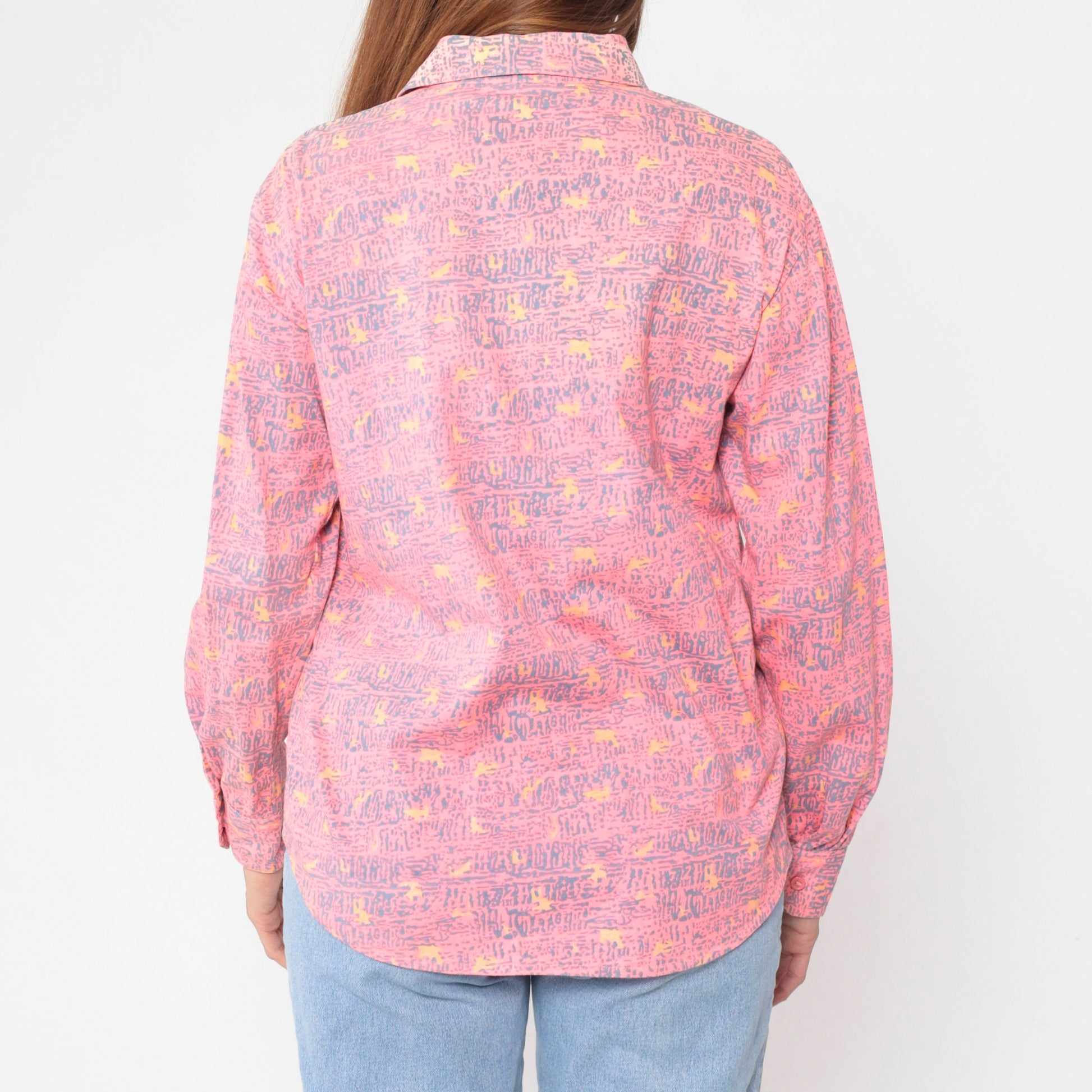 90s Manito Menswear Pink Abstract Print Polo Shirt Long Sleeve Small S