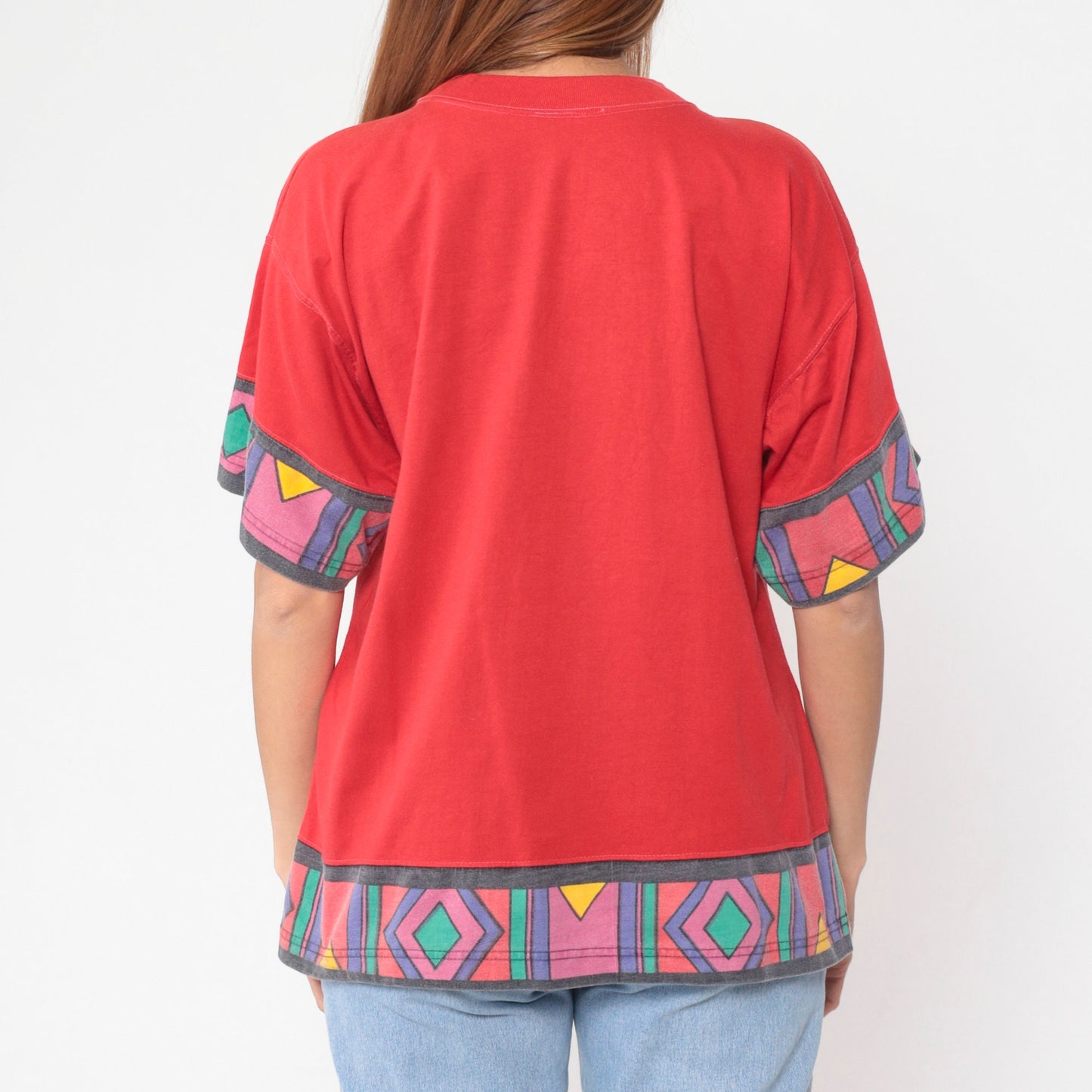90s Southwestern Geometric Red Graphic T-Shirt Cotton Large