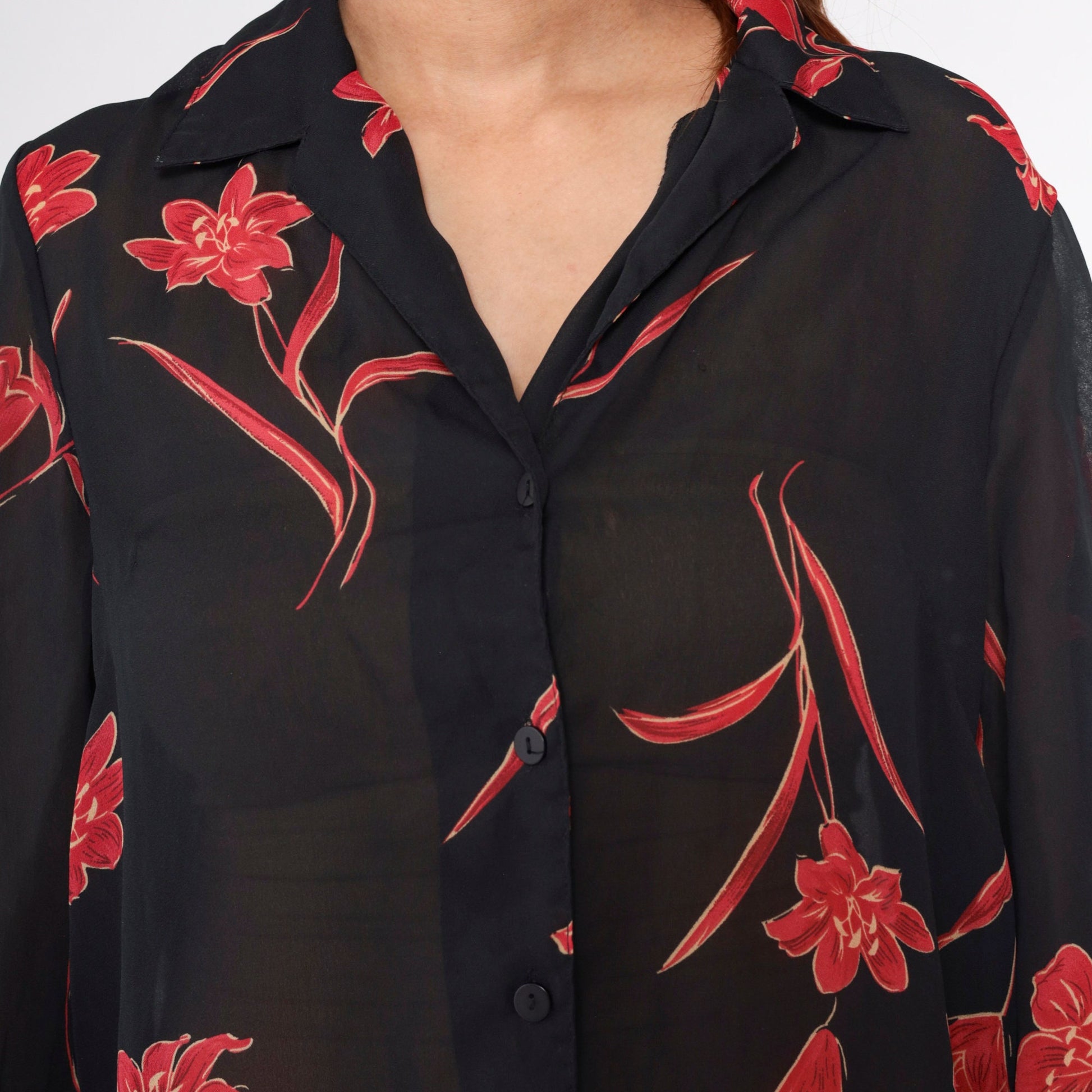 90s Black Floral Button-Up Shirt Red Print Long Sleeve Side Slit Small