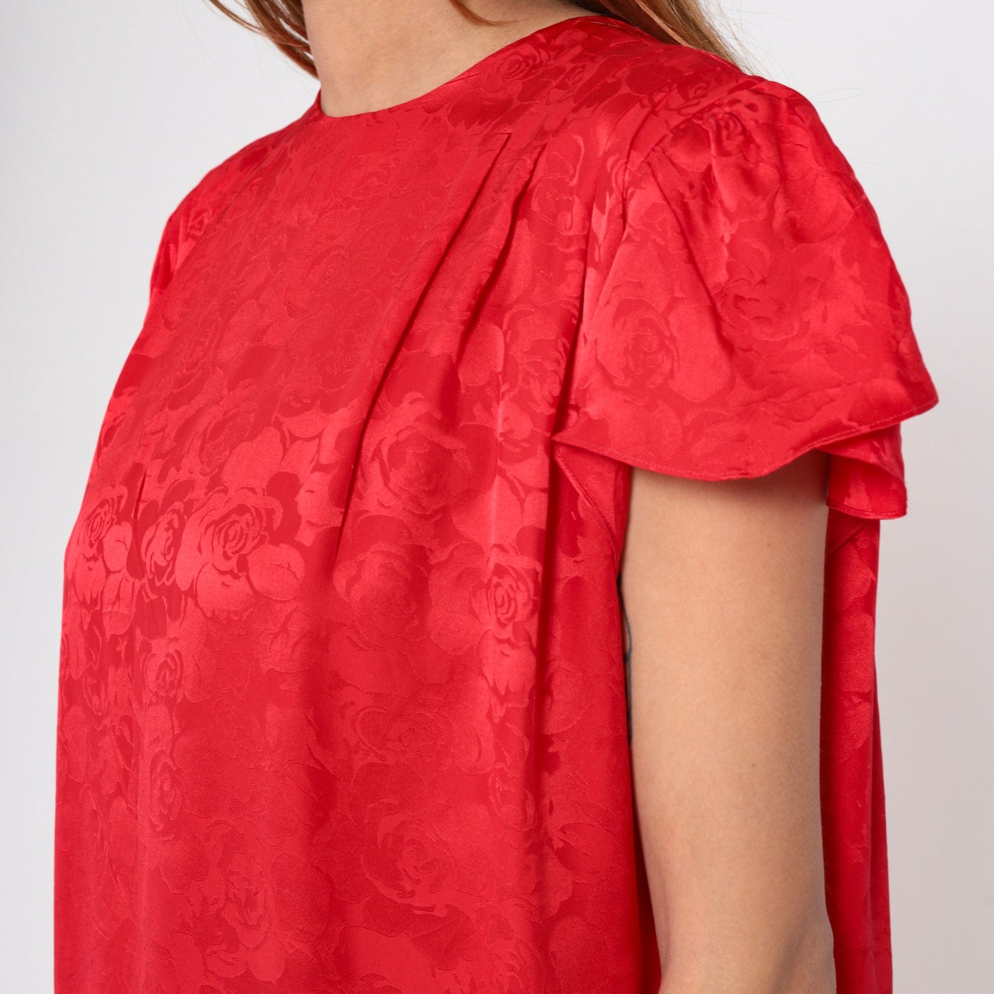 80s Lauren Alexandra Red Silk Floral Midi Dress Puff Sleeve Medium 10