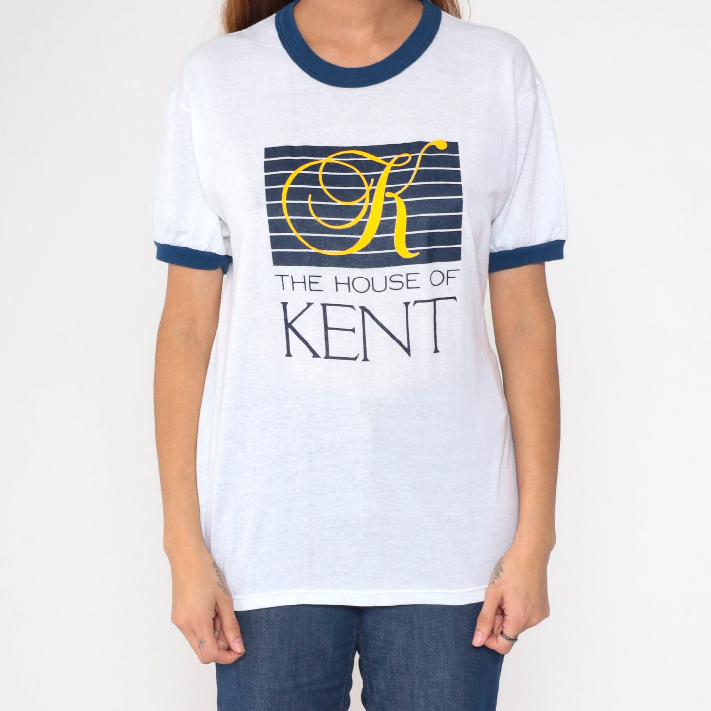 80s House of Kent Ringer Tee White Blue Trim Graphic T-Shirt Medium