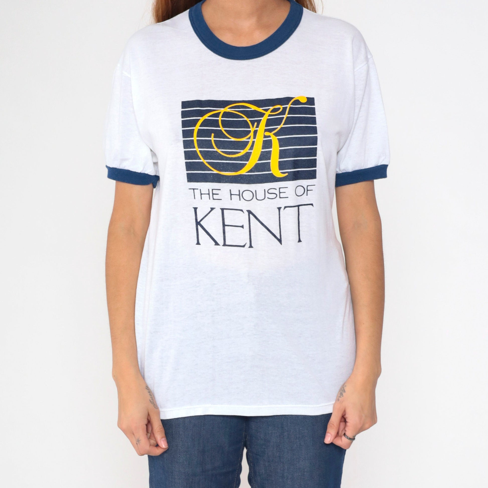 80s House of Kent Ringer Tee White Blue Trim Graphic T-Shirt Medium