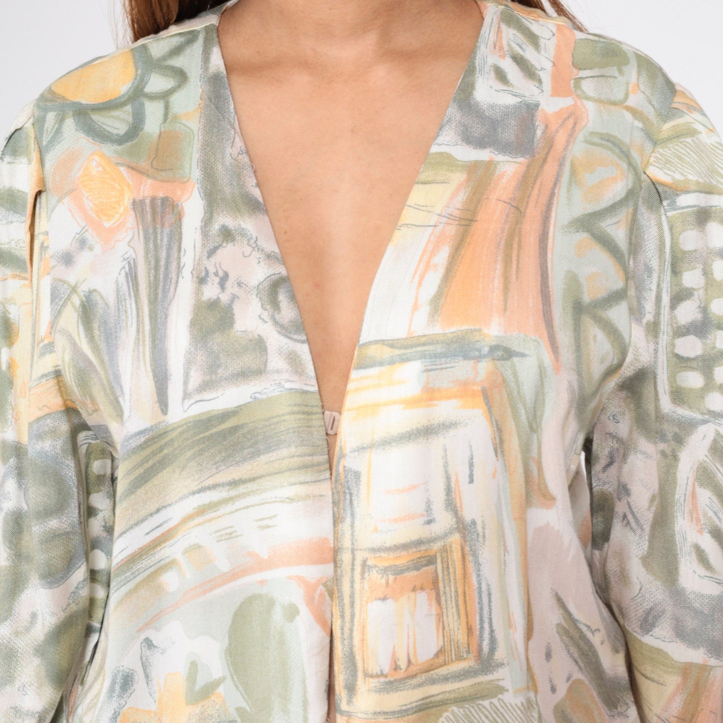 90s Abstract Floral Open Front Jacket Daisy Leaf Print Rayon Medium