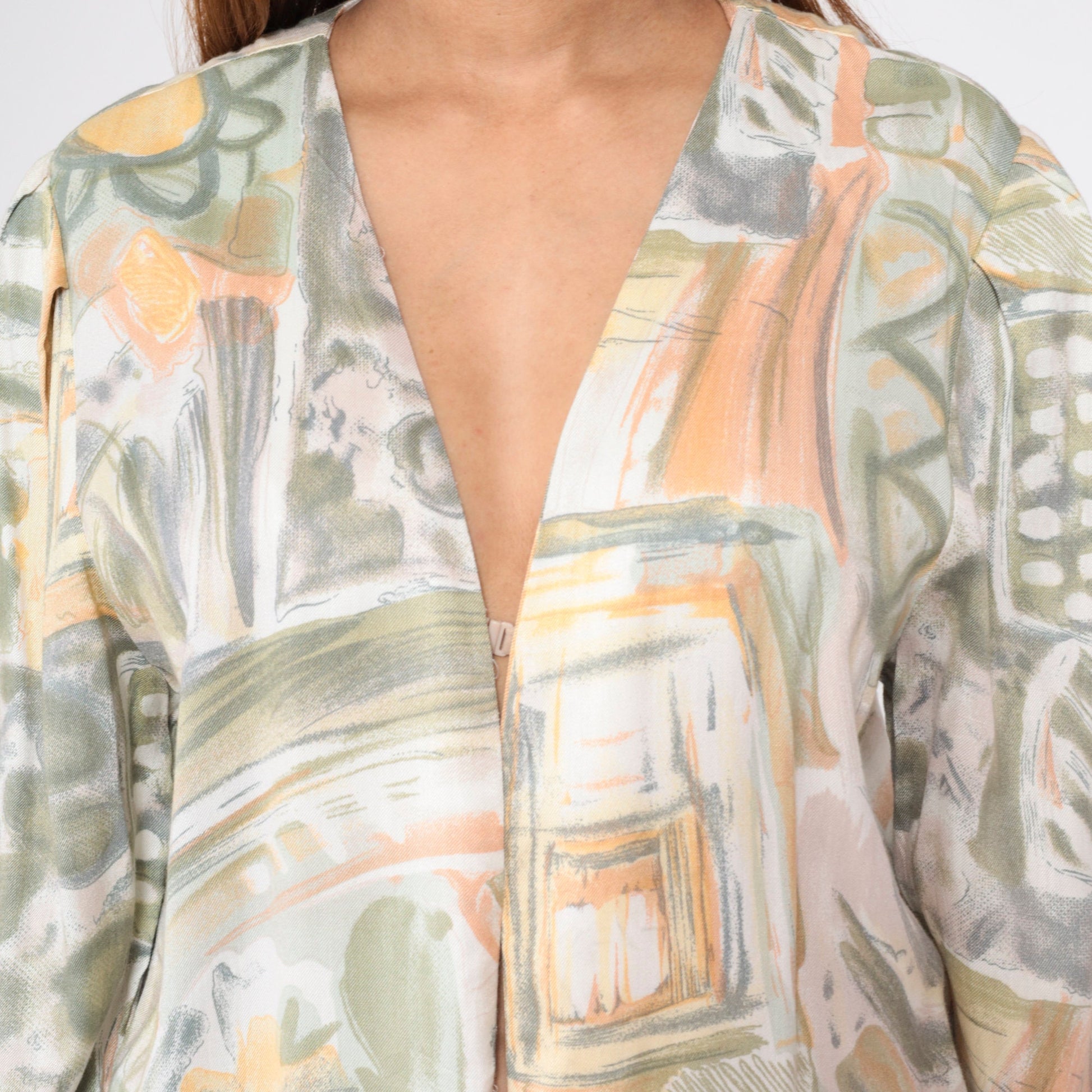 90s Abstract Floral Open Front Jacket Daisy Leaf Print Rayon Medium