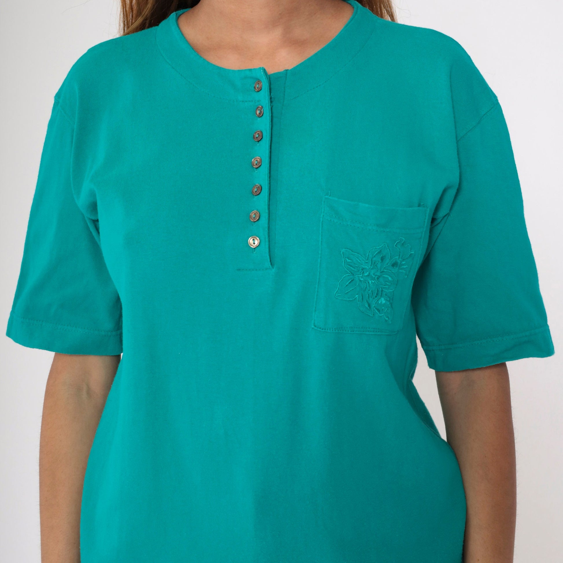 90s Teal Henley Tee Floral Embroidered Pocket Cotton Small