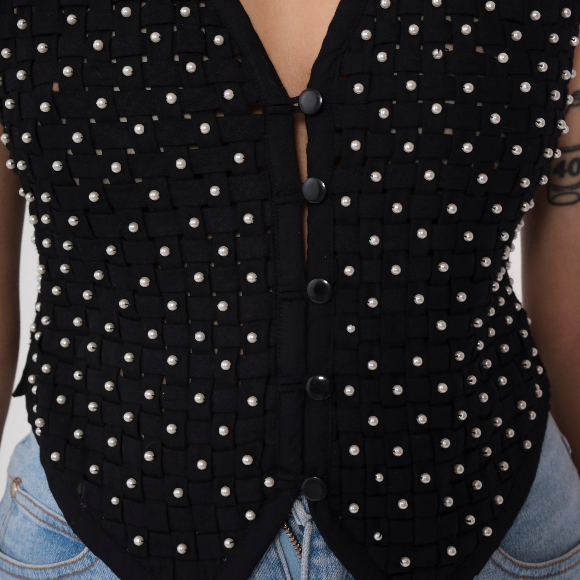 90s Kenar Petites Black Pearl Beaded Vest Lattice Cutout Small