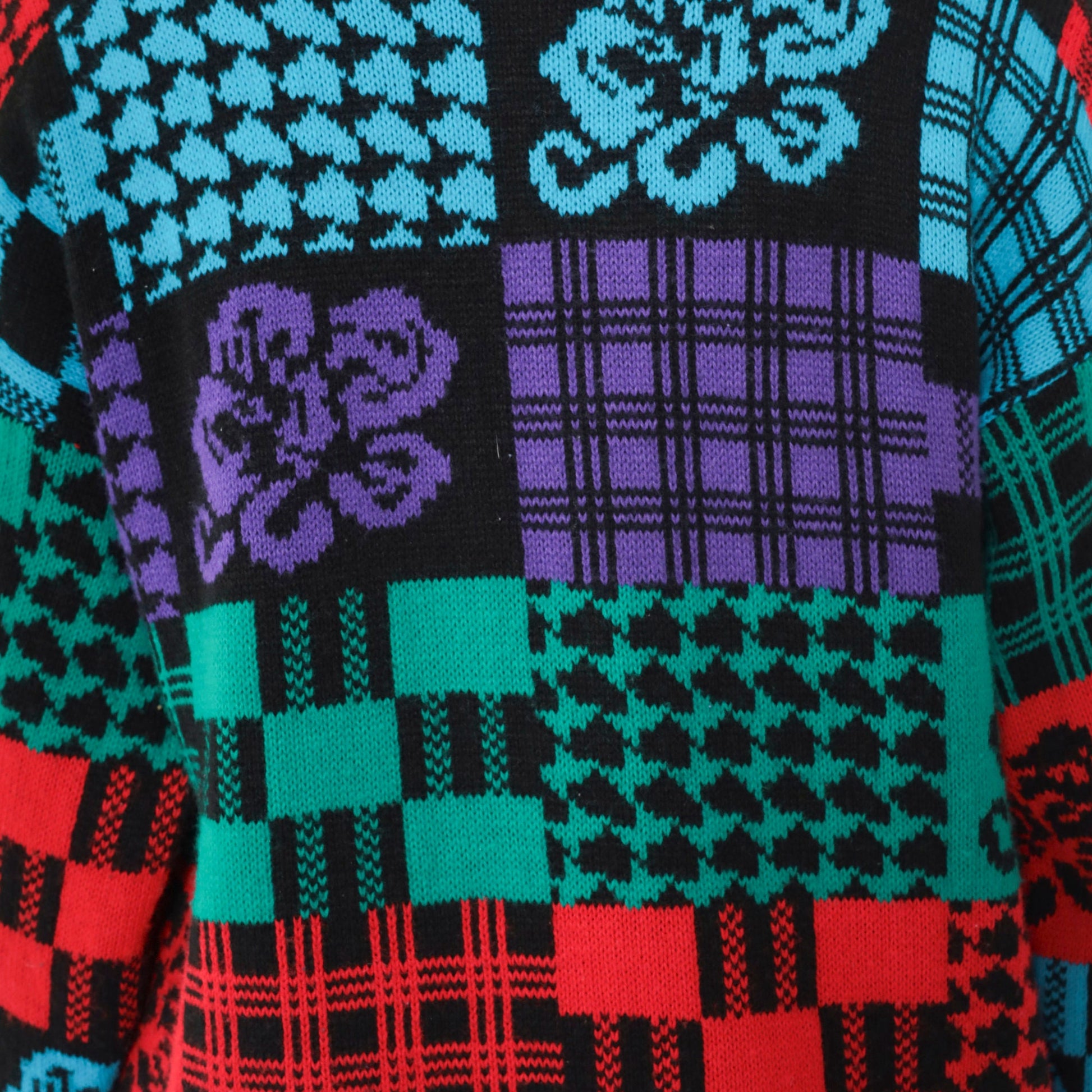80s Traffic Jam Patchwork Checkered Floral Knit Sweater Black Red Blue Green Medium