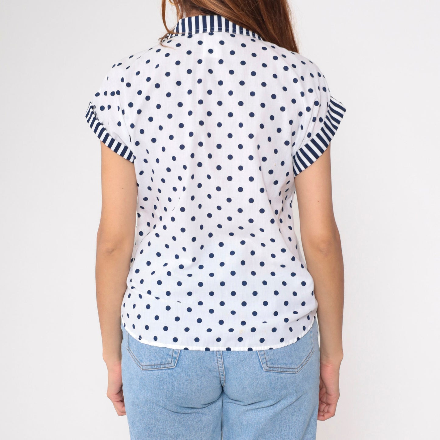 80s White Navy Polka Dot Button-Up Blouse Striped Collar Cap Sleeve Medium