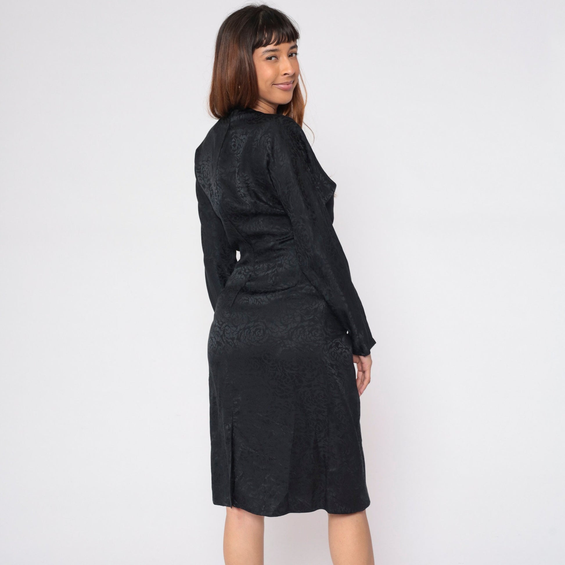 80s Argenti Black Silk Floral Jacquard Wrap Dress Midi Dolman Sleeve Medium 8