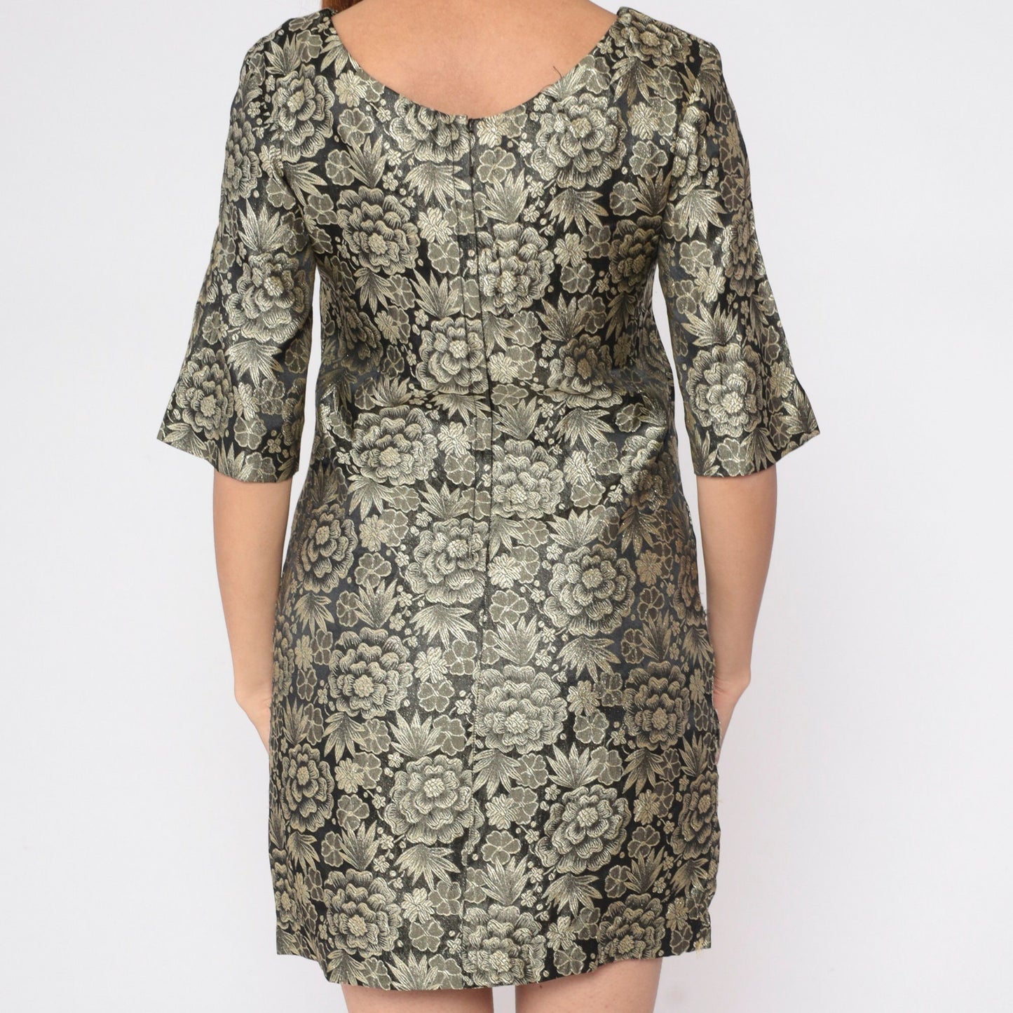 60s Gold Brocade Floral Mini Dress Bell Sleeve Shift Small S