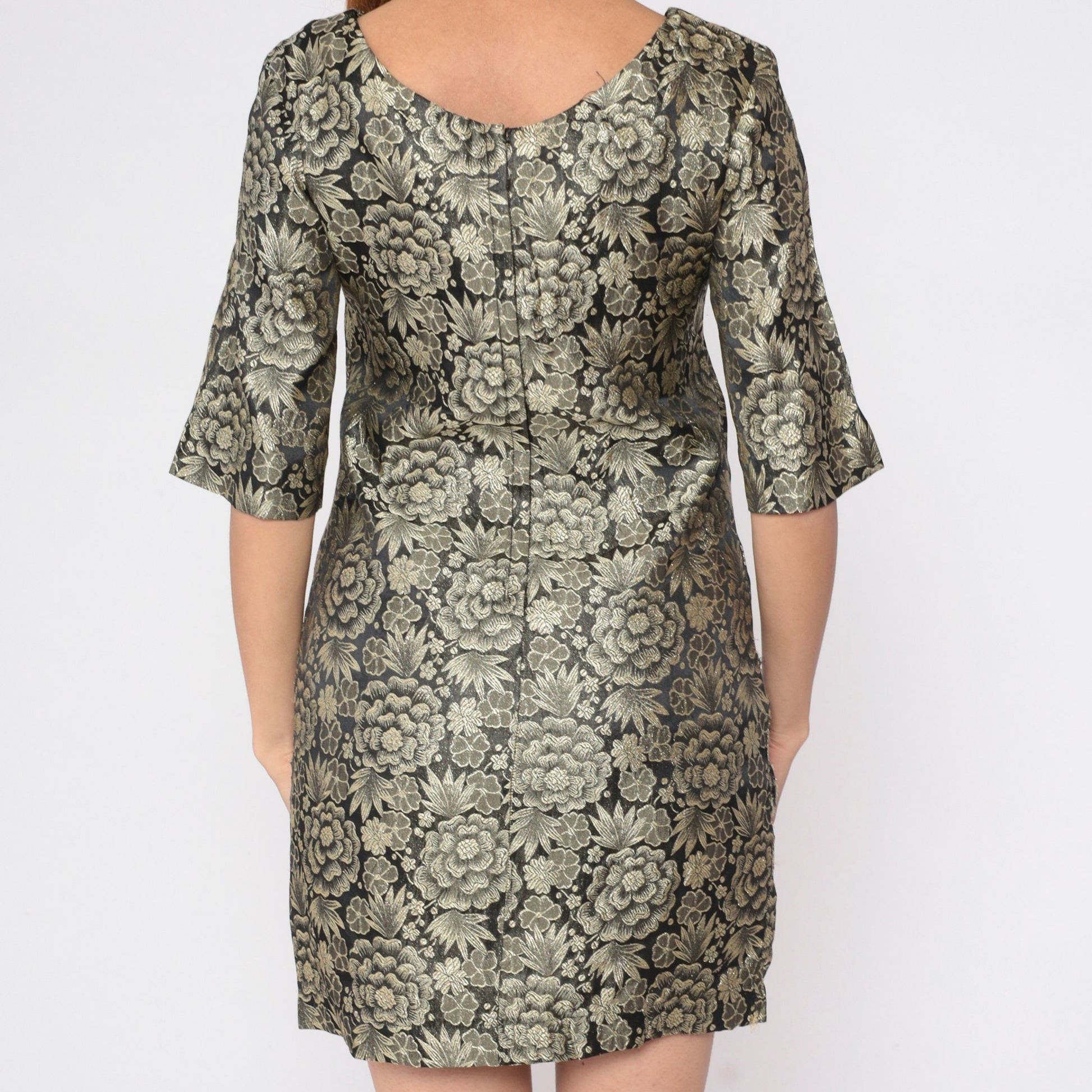 60s Gold Brocade Floral Mini Dress Bell Sleeve Shift Small S