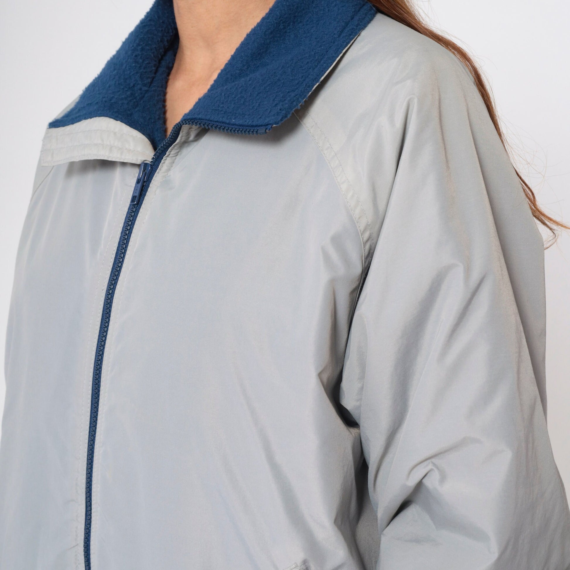 90s Grey Windbreaker Jacket Blue Fleece Lined Raglan Sleeve Large L
