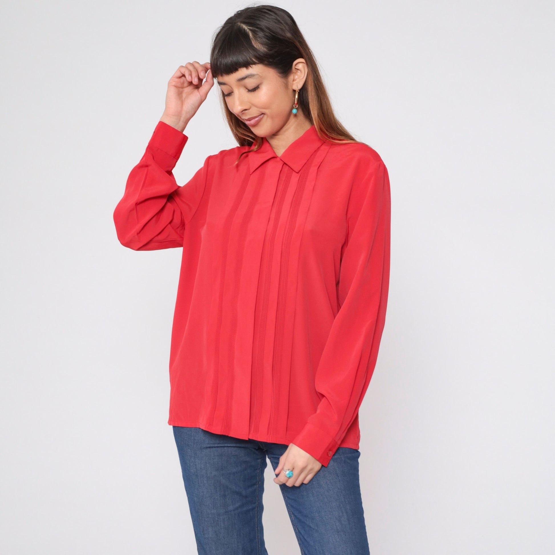 90s Red Pleated Button-Up Blouse Collared Long Sleeve Preppy Large