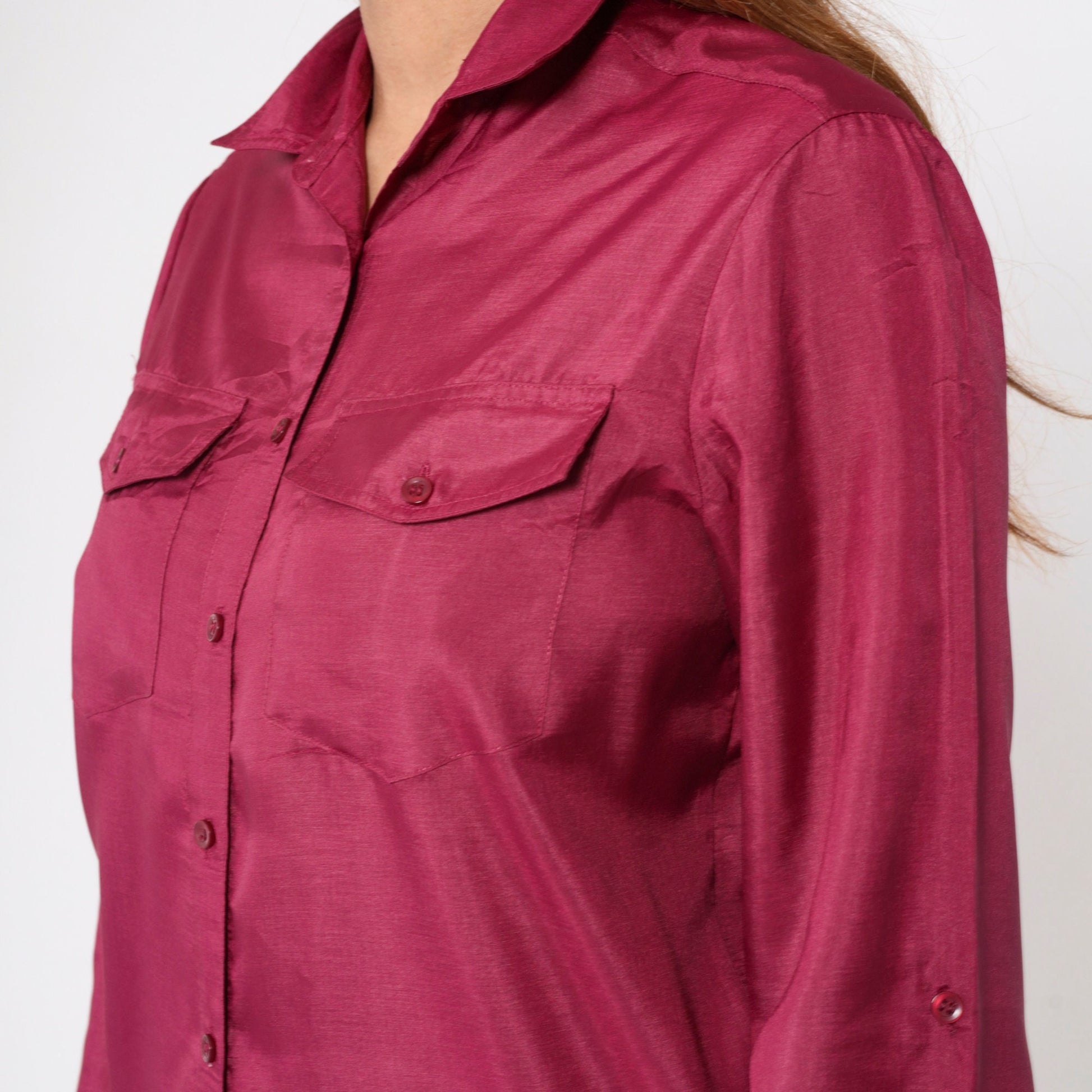 70s Berry Red Button-Up Blouse Long Sleeve Collared Shirt Chest Pockets Small S