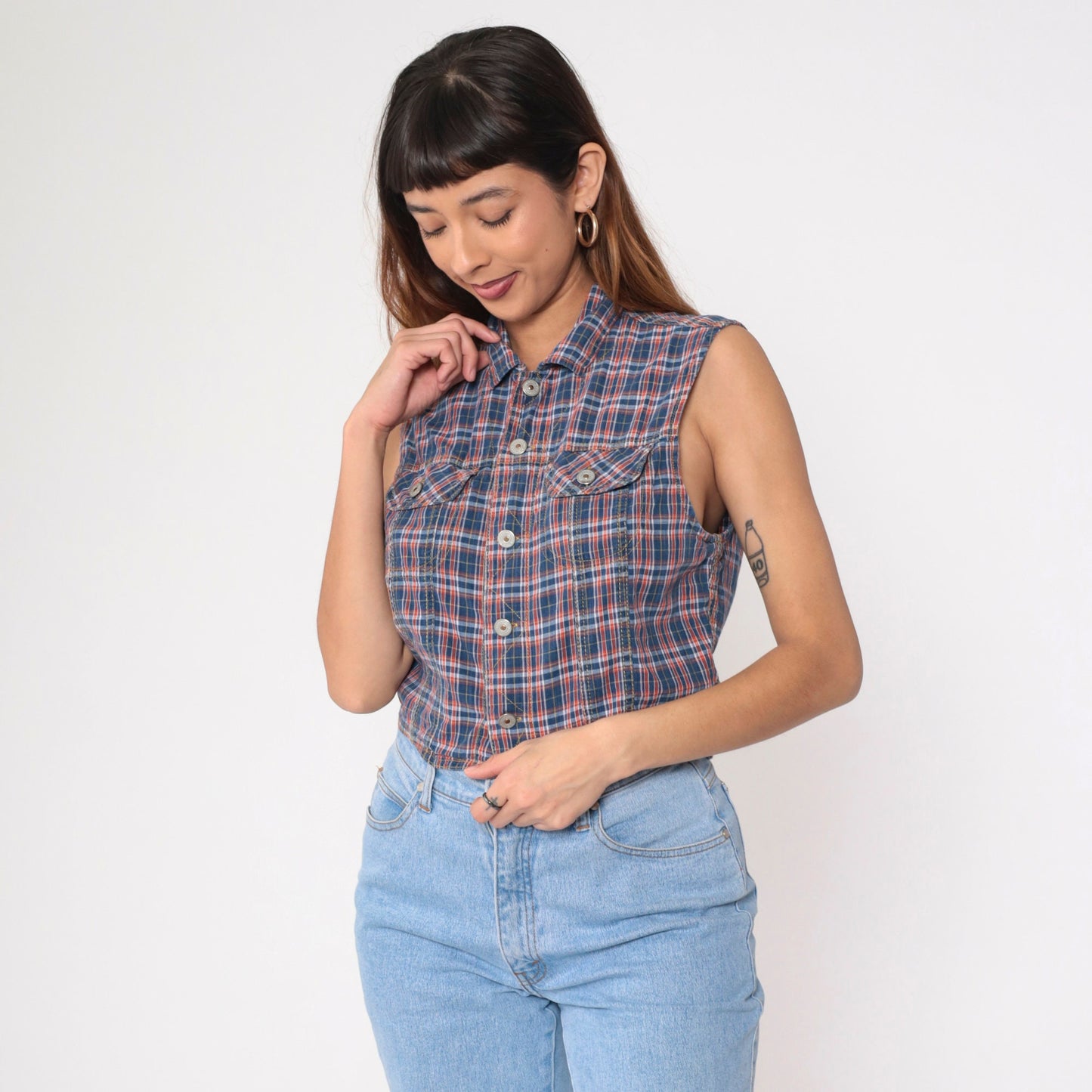 90s Plaid Button-Up Tank Top Blue Orange Checkered Cotton Medium