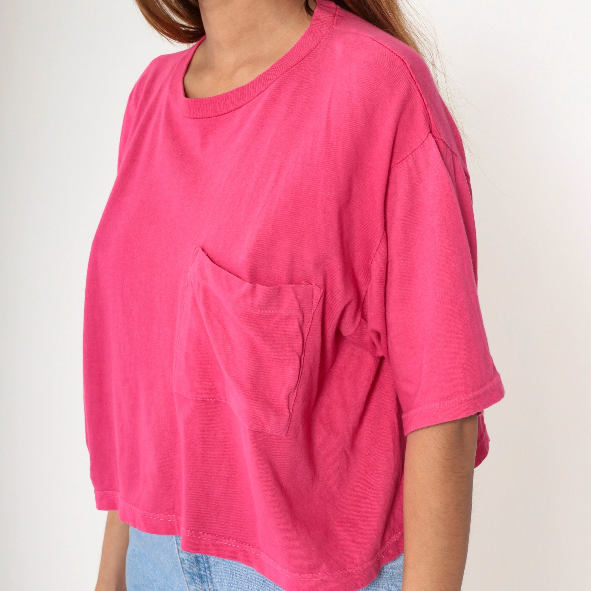 90s Energie Hot Pink Crop Top Cotton T-Shirt Pocket Tee Large L