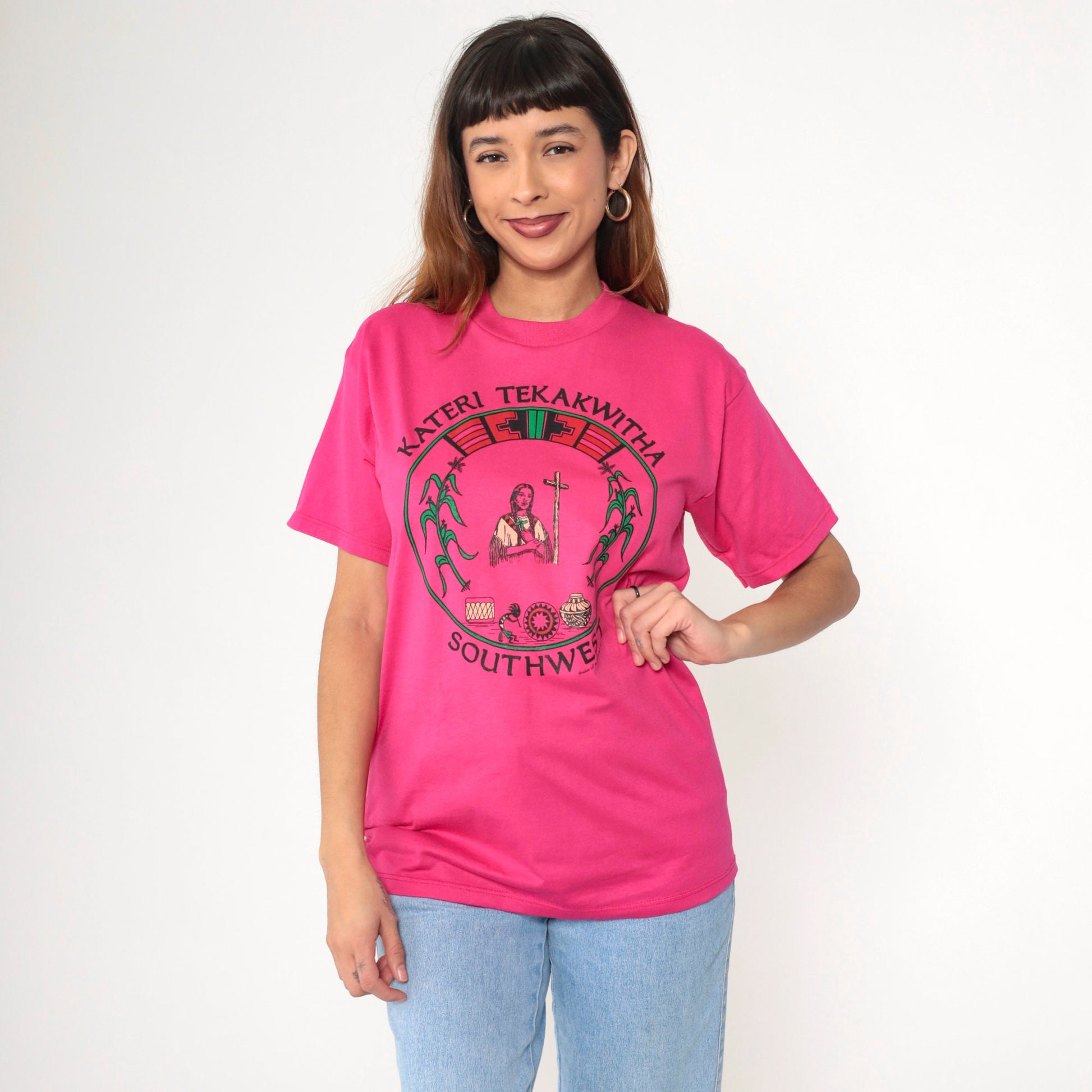 90s Kateri Tekakwitha Native American Saint Graphic T-Shirt Pink Small