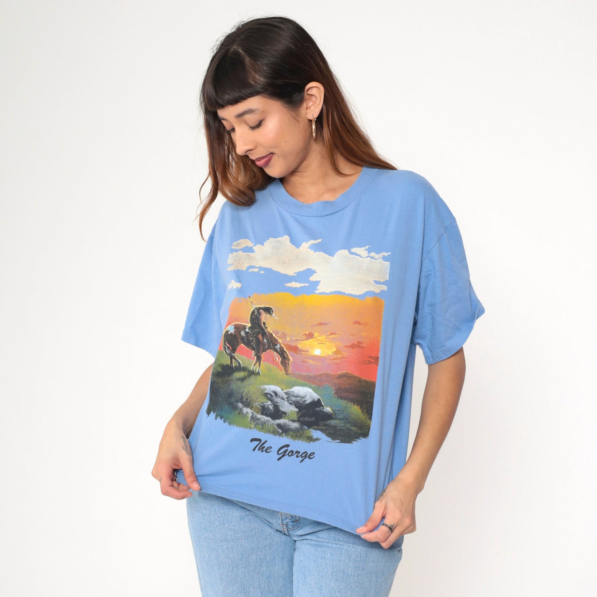 90s End of The Trail Native American Graphic T-Shirt Blue Large L