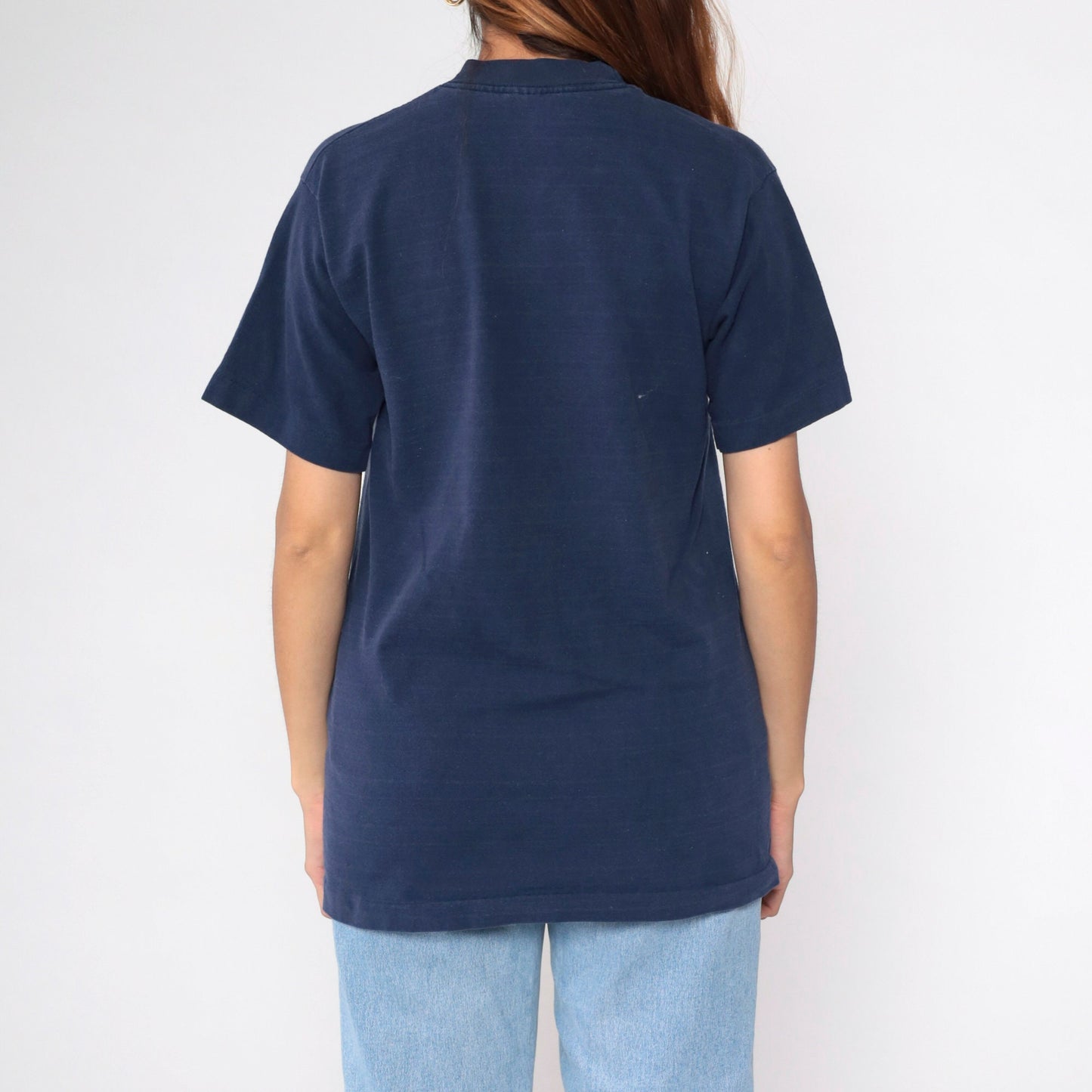80s Navy Striped Single Stitch T-Shirt Plain Tee Medium