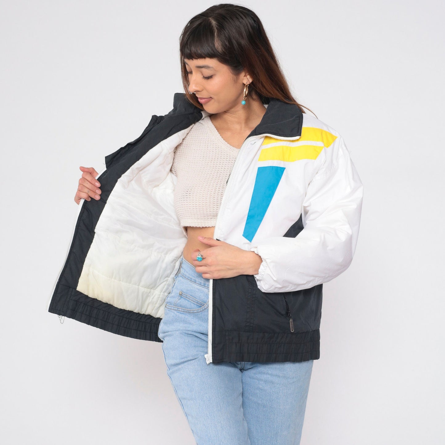 80s Geometric Colour Block Puffer Ski Jacket Black White Blue Pink Yellow Medium