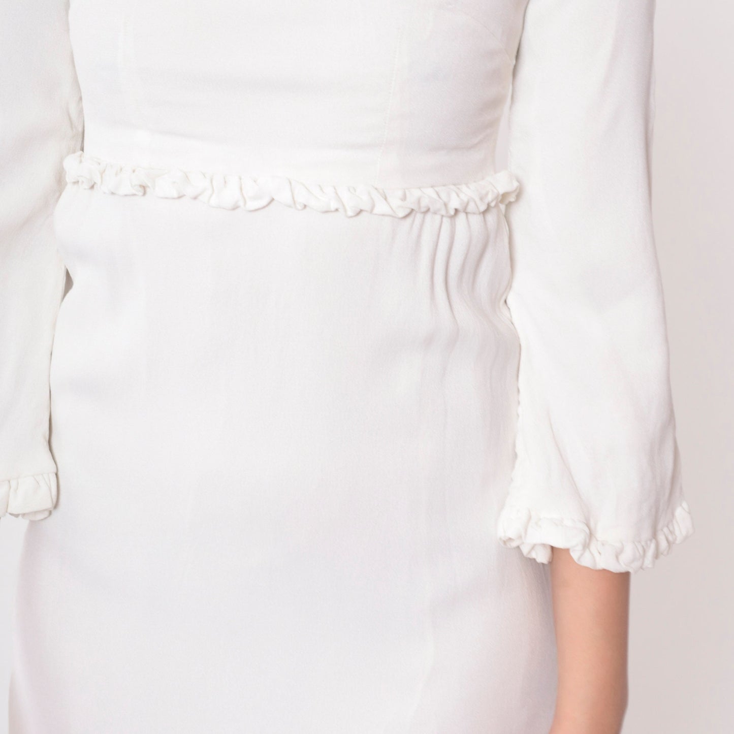 70s White Maxi Dress Empire Waist Bell Sleeve Ruffled Youth 10-12