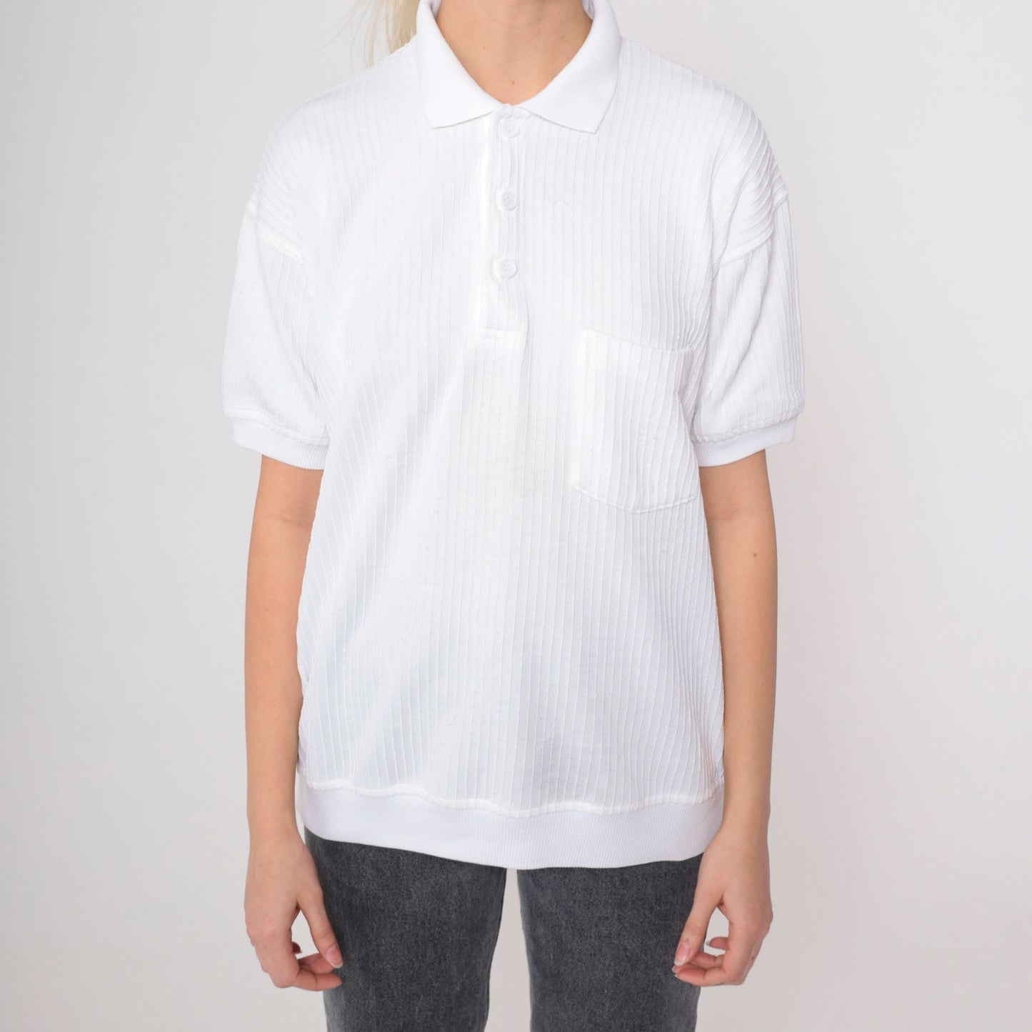 80s White Ribbed Polo Shirt Button Up Chest Pocket Collared Medium