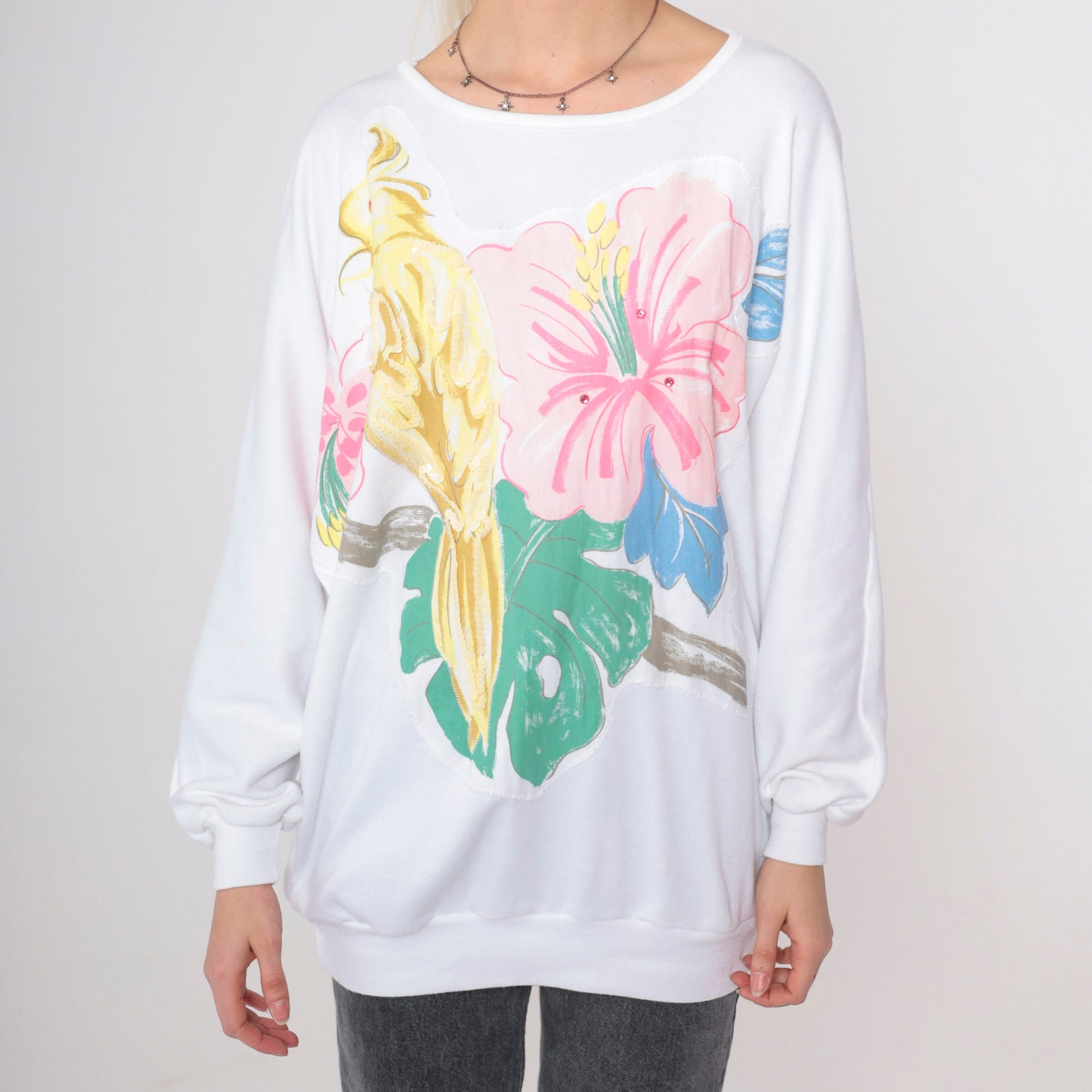 90s Tropical Bird Sequin Sweatshirt White Dolman Sleeve Graphic Large L