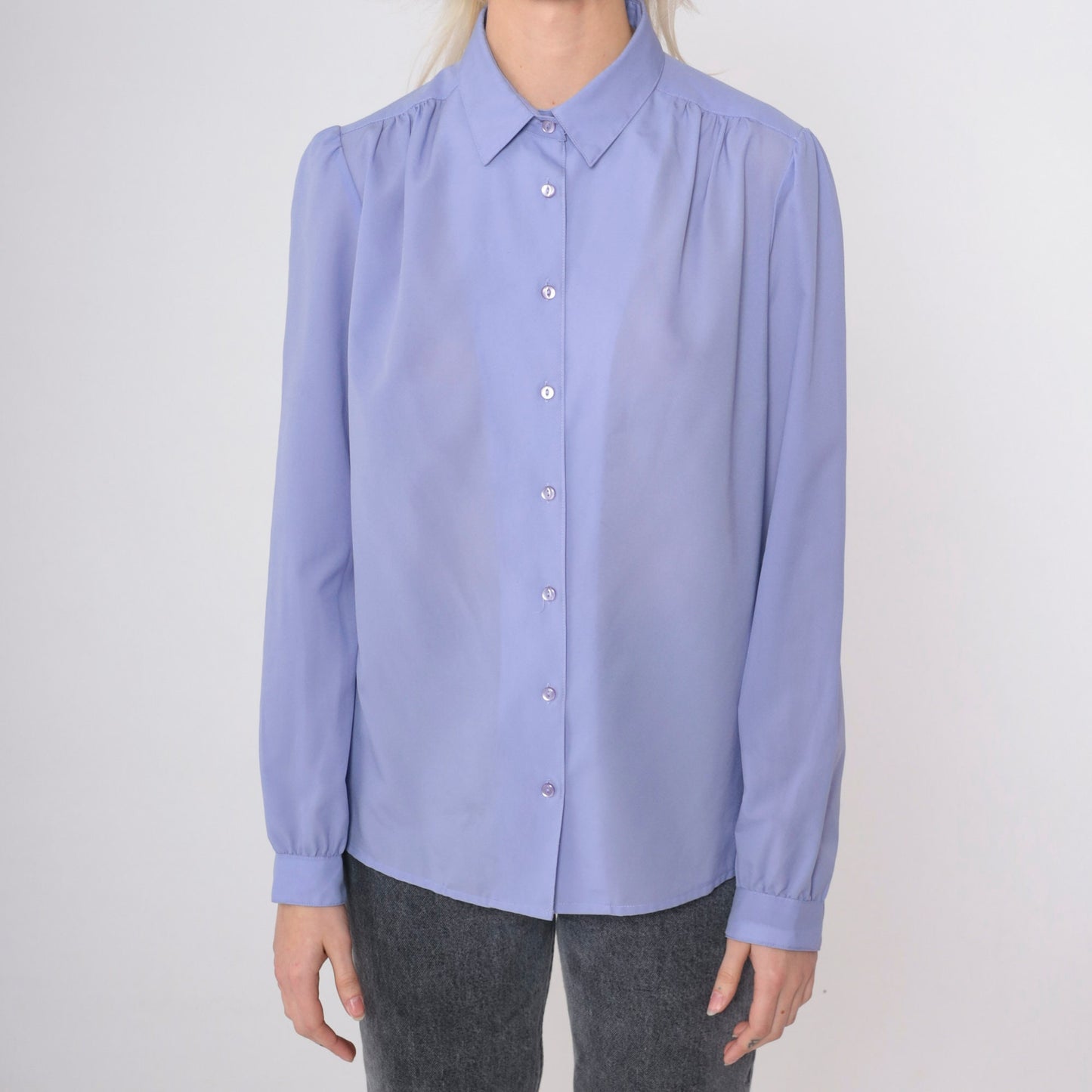 80s Periwinkle Puff Sleeve Button-Up Blouse Collared Shirt Large 14
