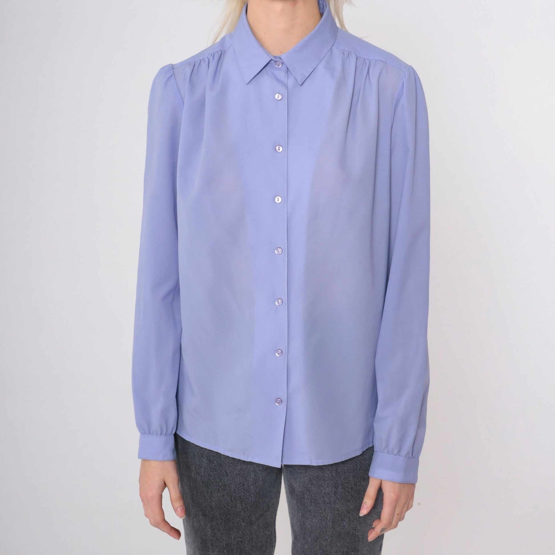 80s Periwinkle Puff Sleeve Button-Up Blouse Collared Shirt Large 14