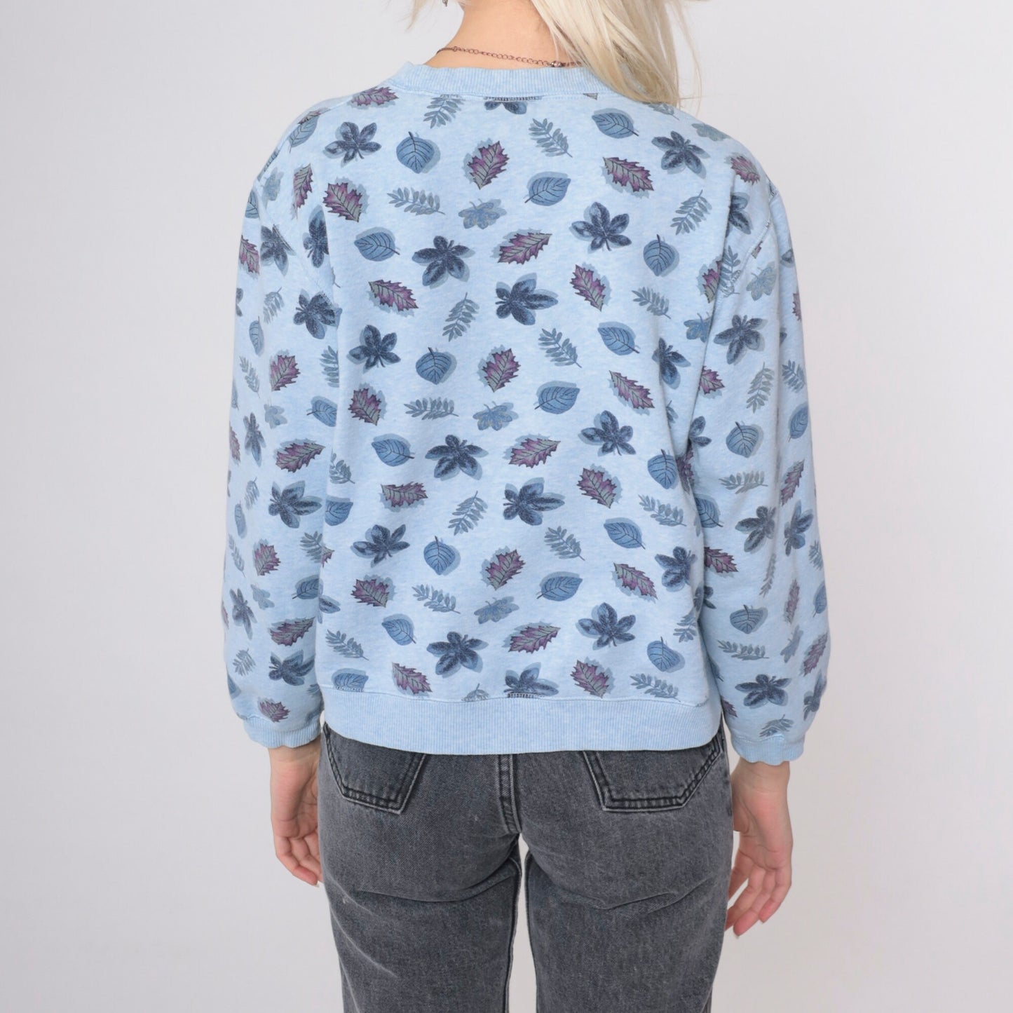 90s Leaf Print Sweatshirt Grey Botanical All Over Crewneck Small