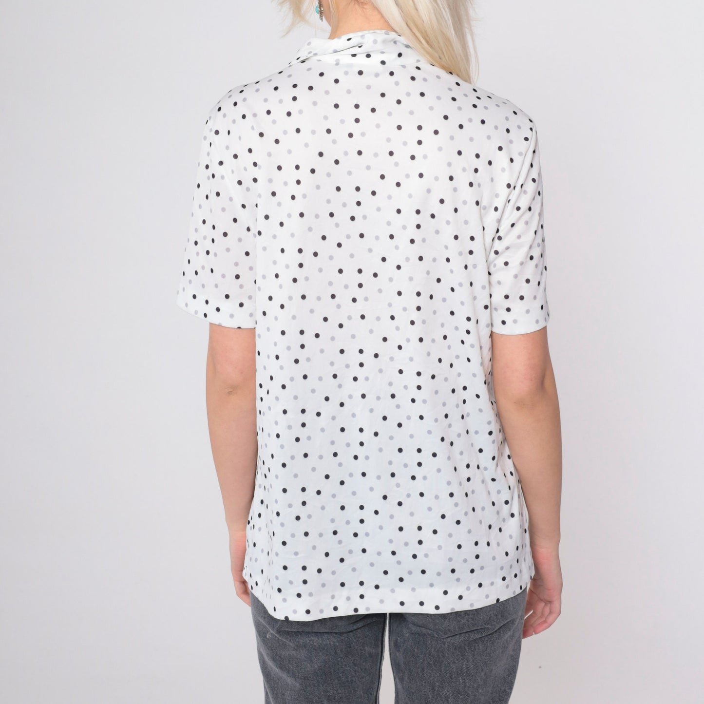 70s Polka Dot Button-Up Blouse White Black Grey Short Sleeve Medium