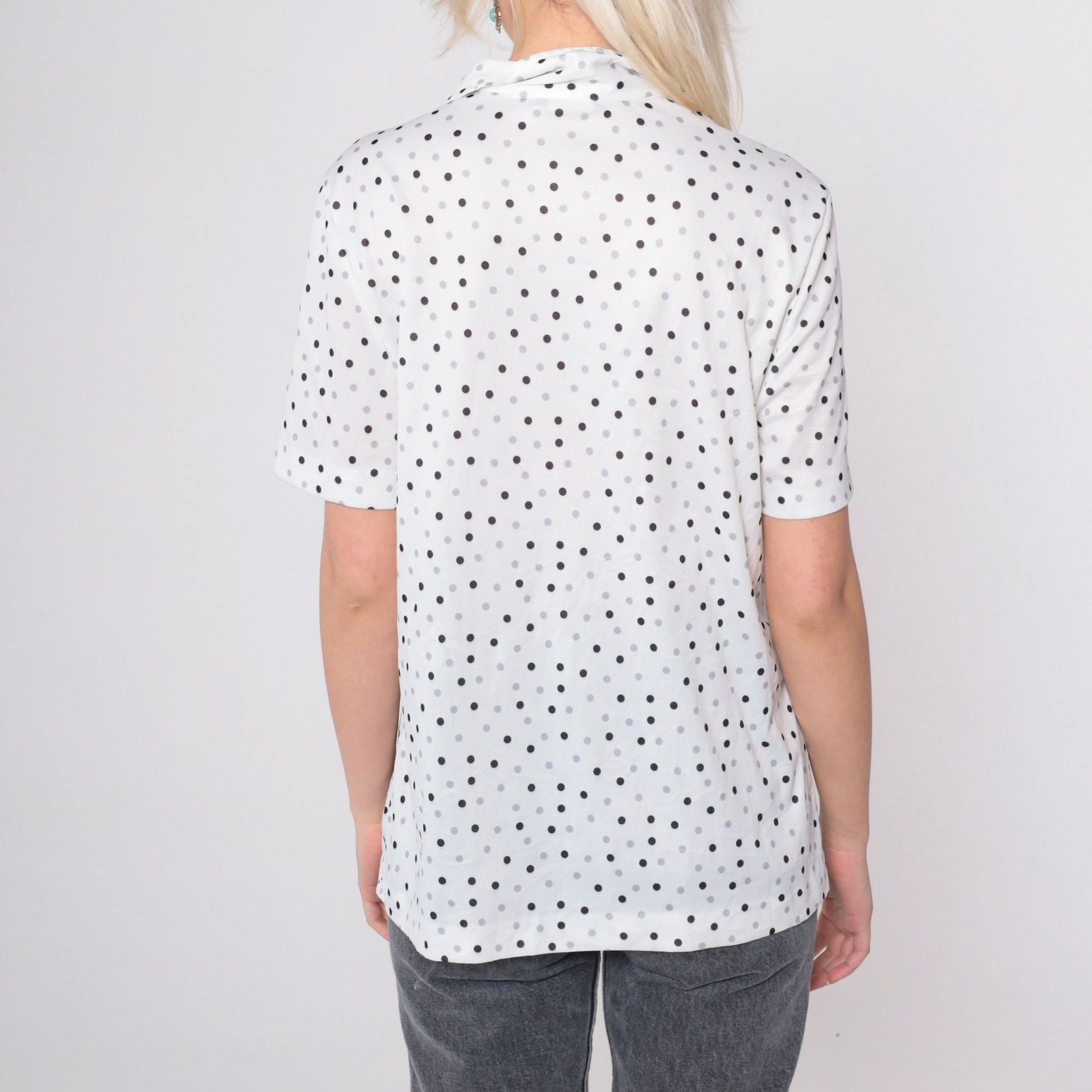 70s Polka Dot Button-Up Blouse White Black Grey Short Sleeve Medium