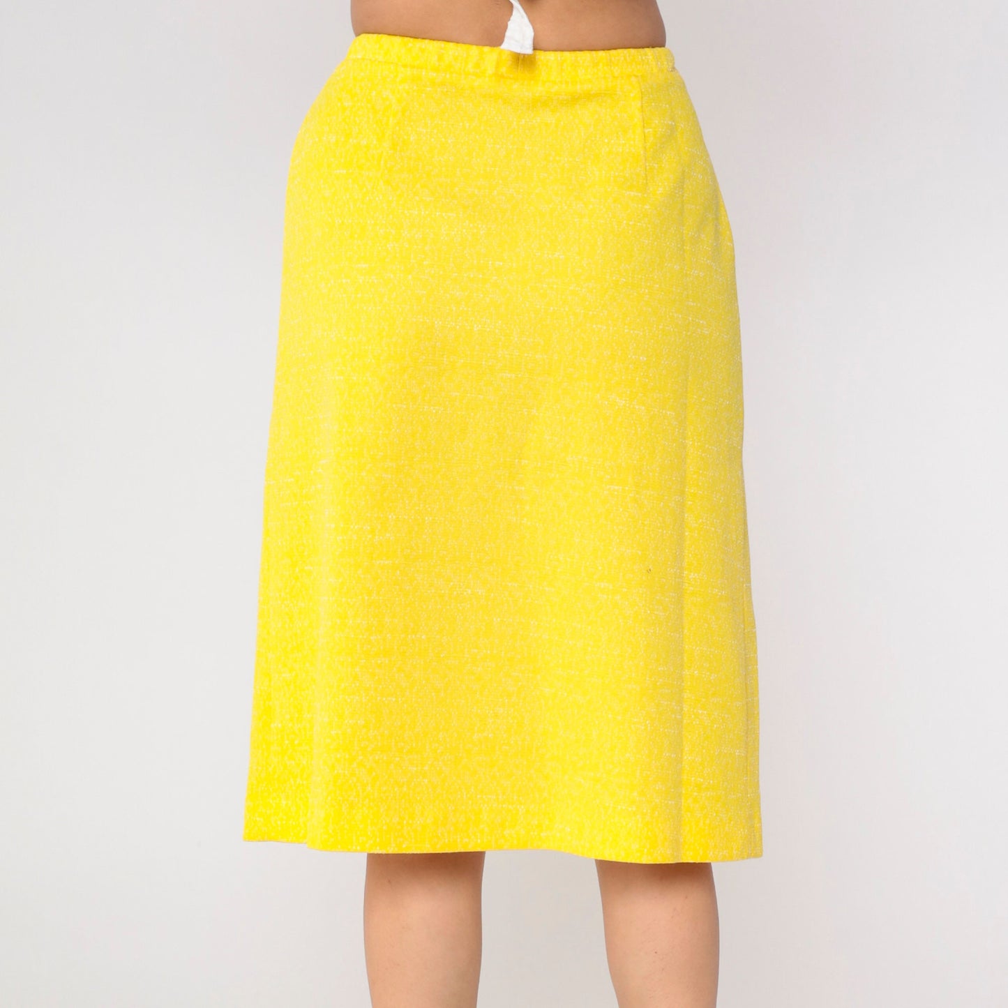 70s Yellow Midi Skirt Button Front High Waist Pleated Flecked Small