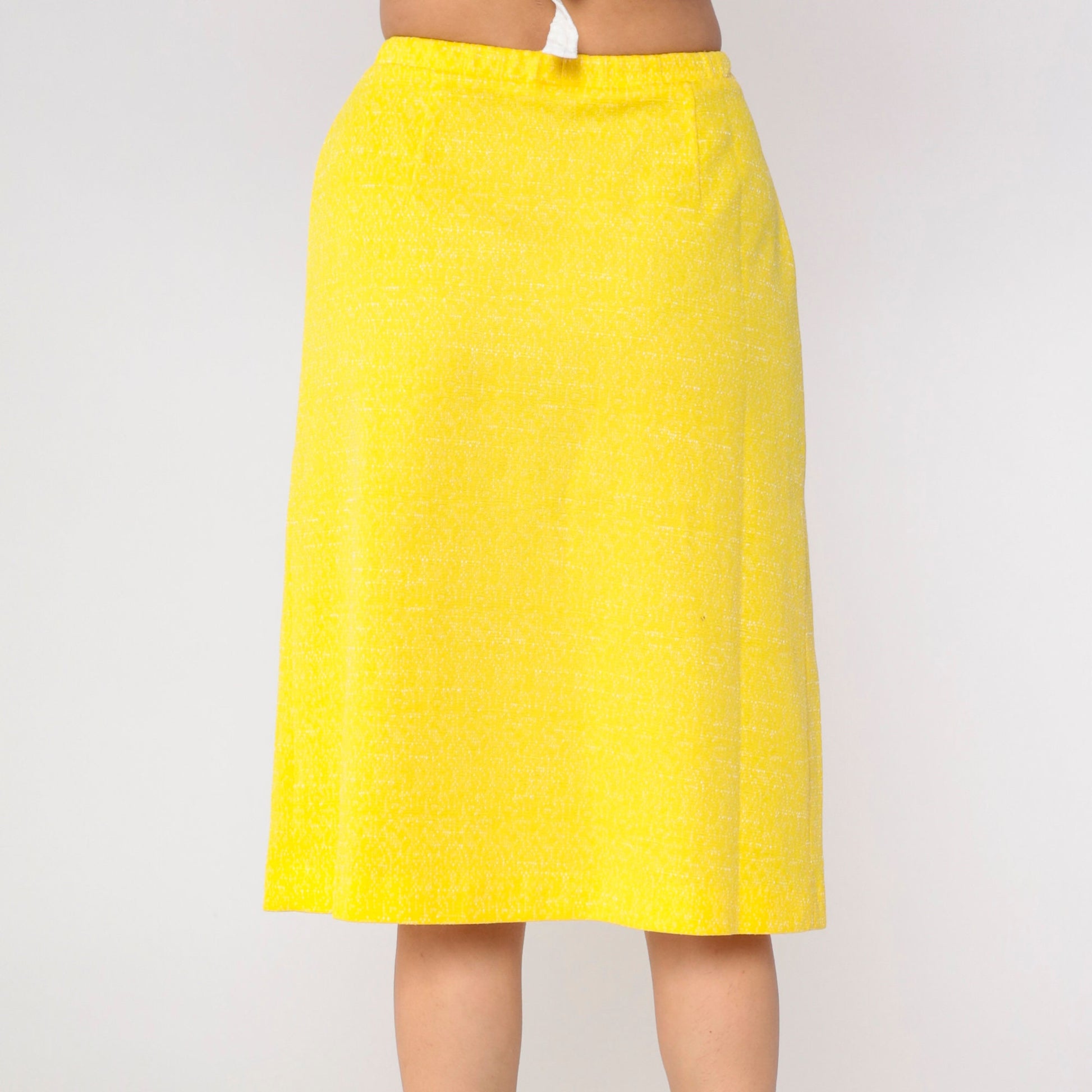 70s Yellow Midi Skirt Button Front High Waist Pleated Flecked Small