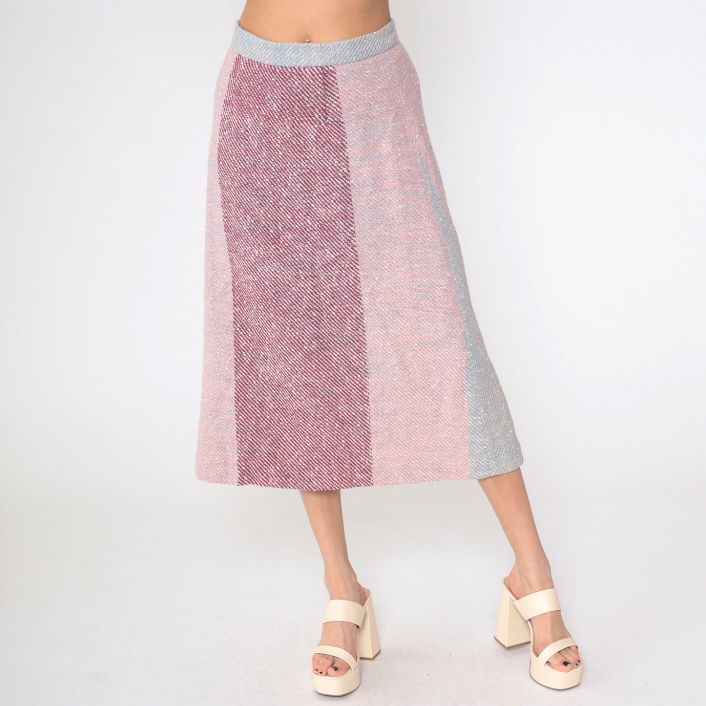 70s Striped Colour Block Midi Skirt High Waist Pink Purple Blue Medium
