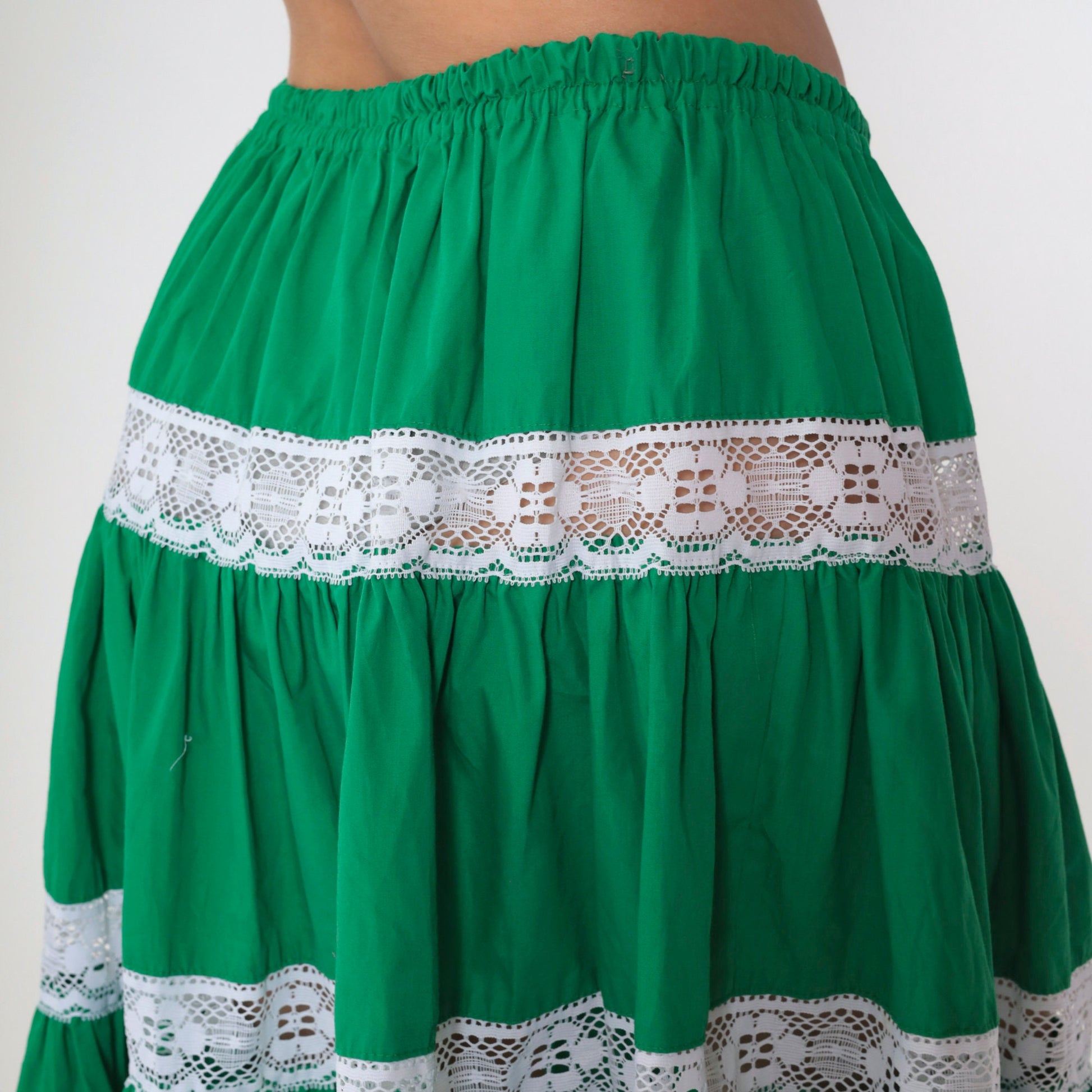 70s Green Tiered Midi Skirt Lace Trim High Waist Small