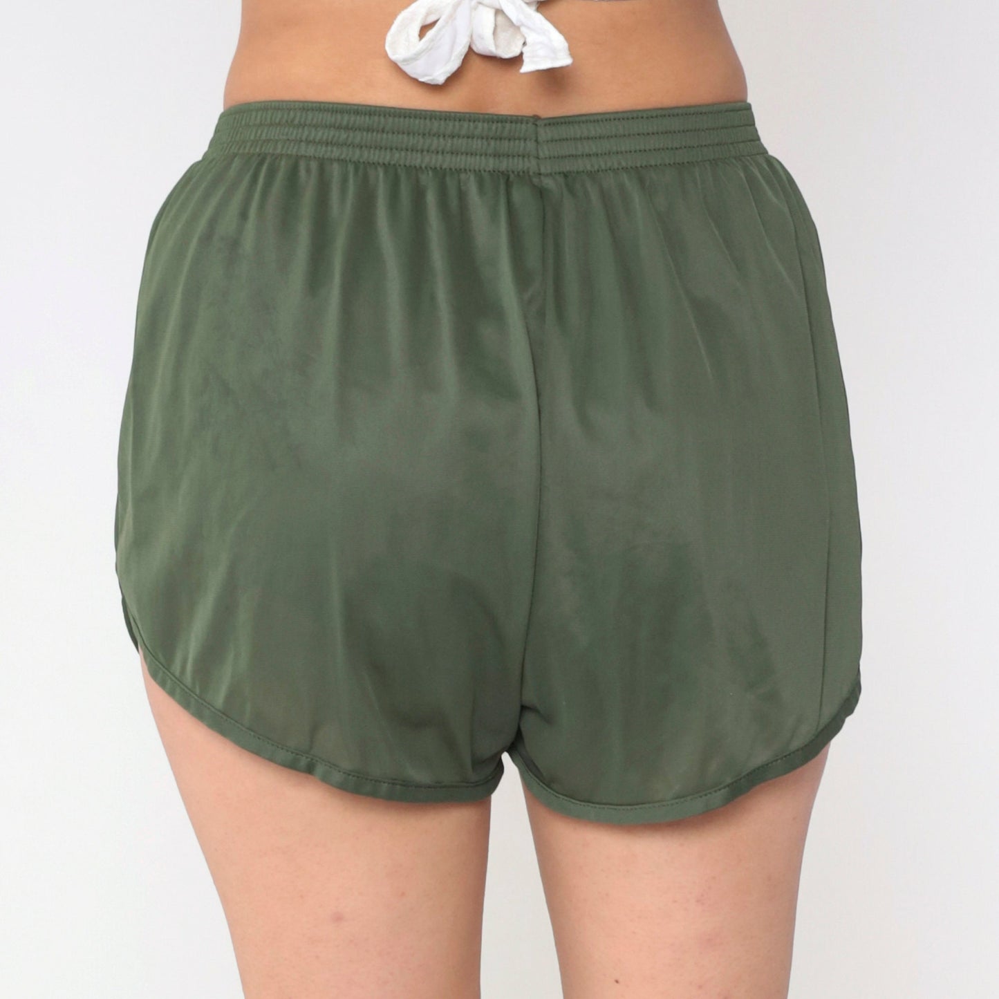 80s Soffe Dolphin Shorts Olive Green High-Waist Nylon Medium