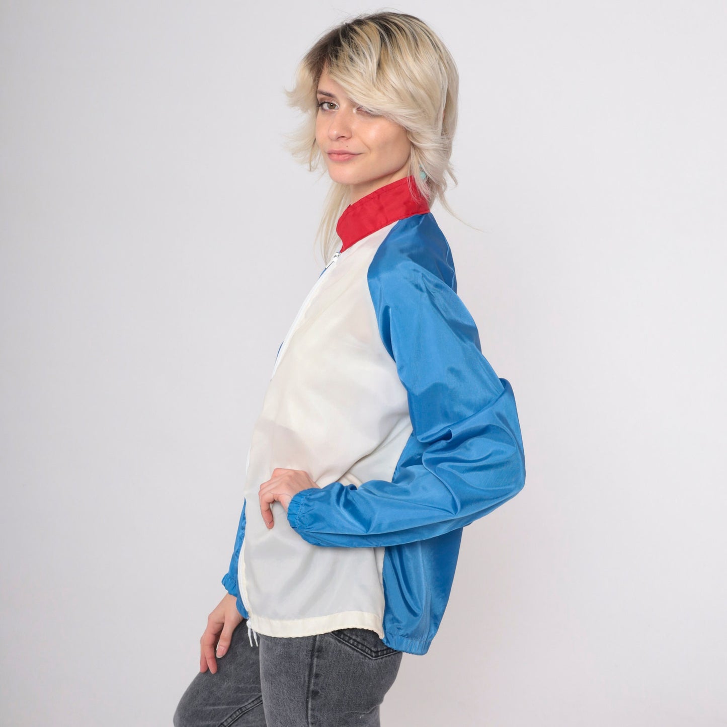 80s Baseball Windbreaker Jacket Blue White Colour Block Raglan Medium