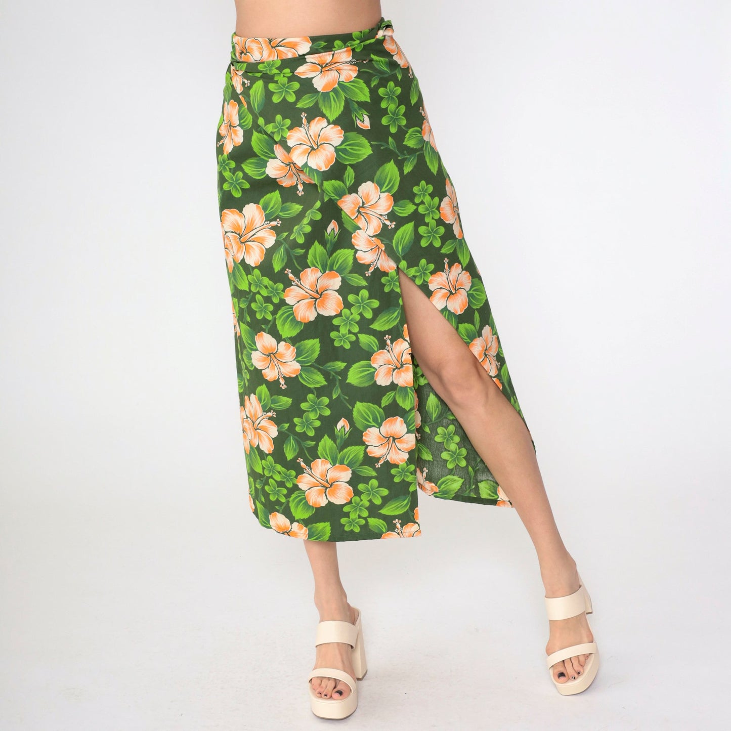 90s Hawaiian Green Floral Wrap Maxi Skirt Front Slit Sarong Small