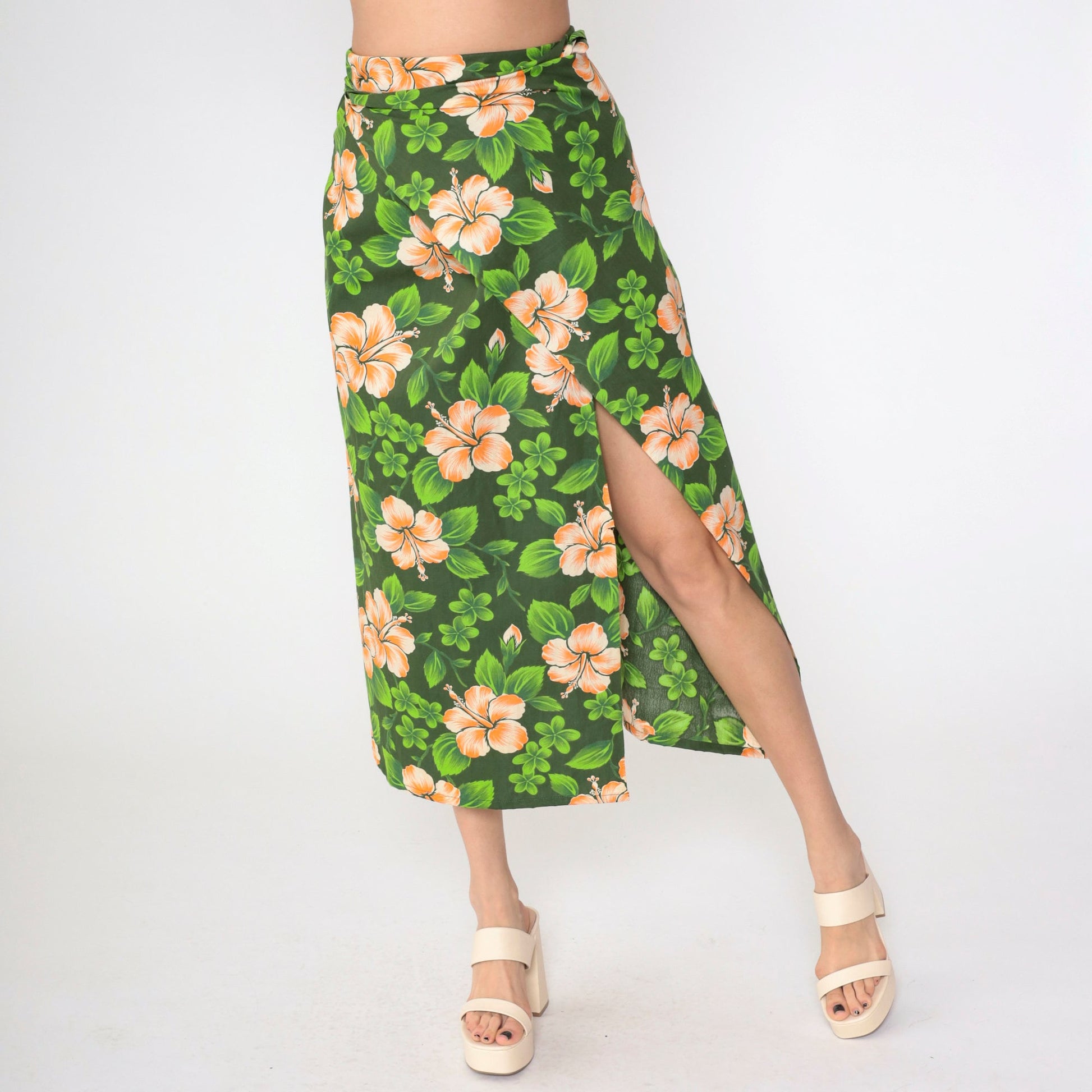 90s Hawaiian Green Floral Wrap Maxi Skirt Front Slit Sarong Small