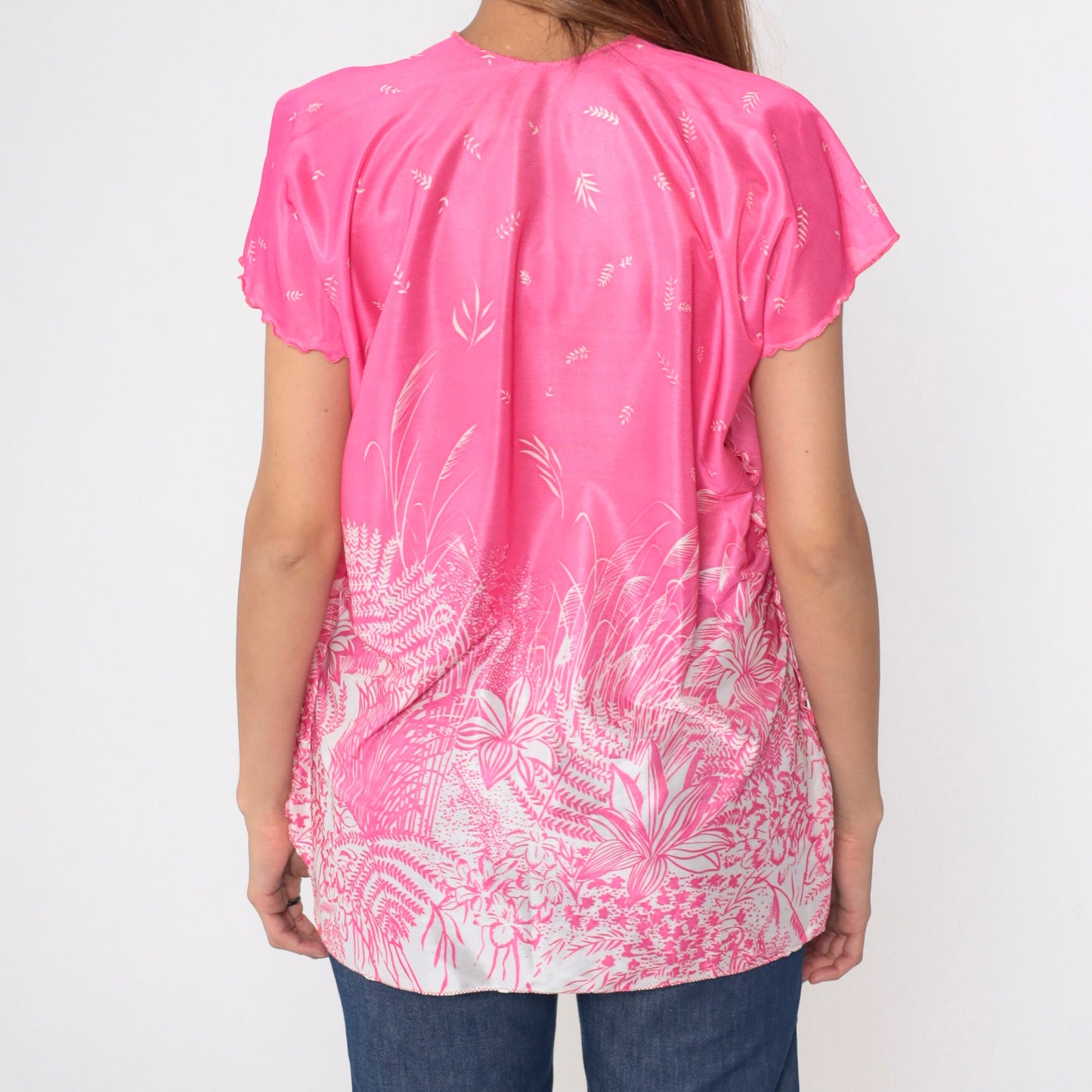 70s Pink Floral Leaf Print Blouse Flutter Sleeve V Neck Lettuce Edge Large L