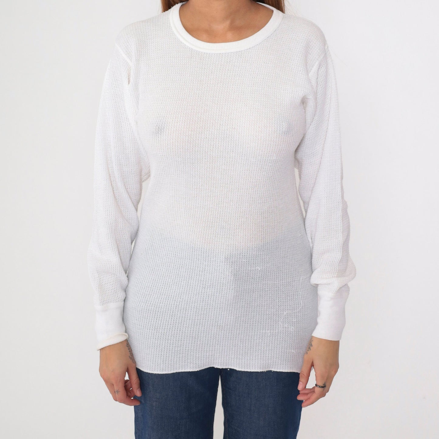 80s Greatland White Waffle Knit Thermal Long Sleeve Undershirt Small