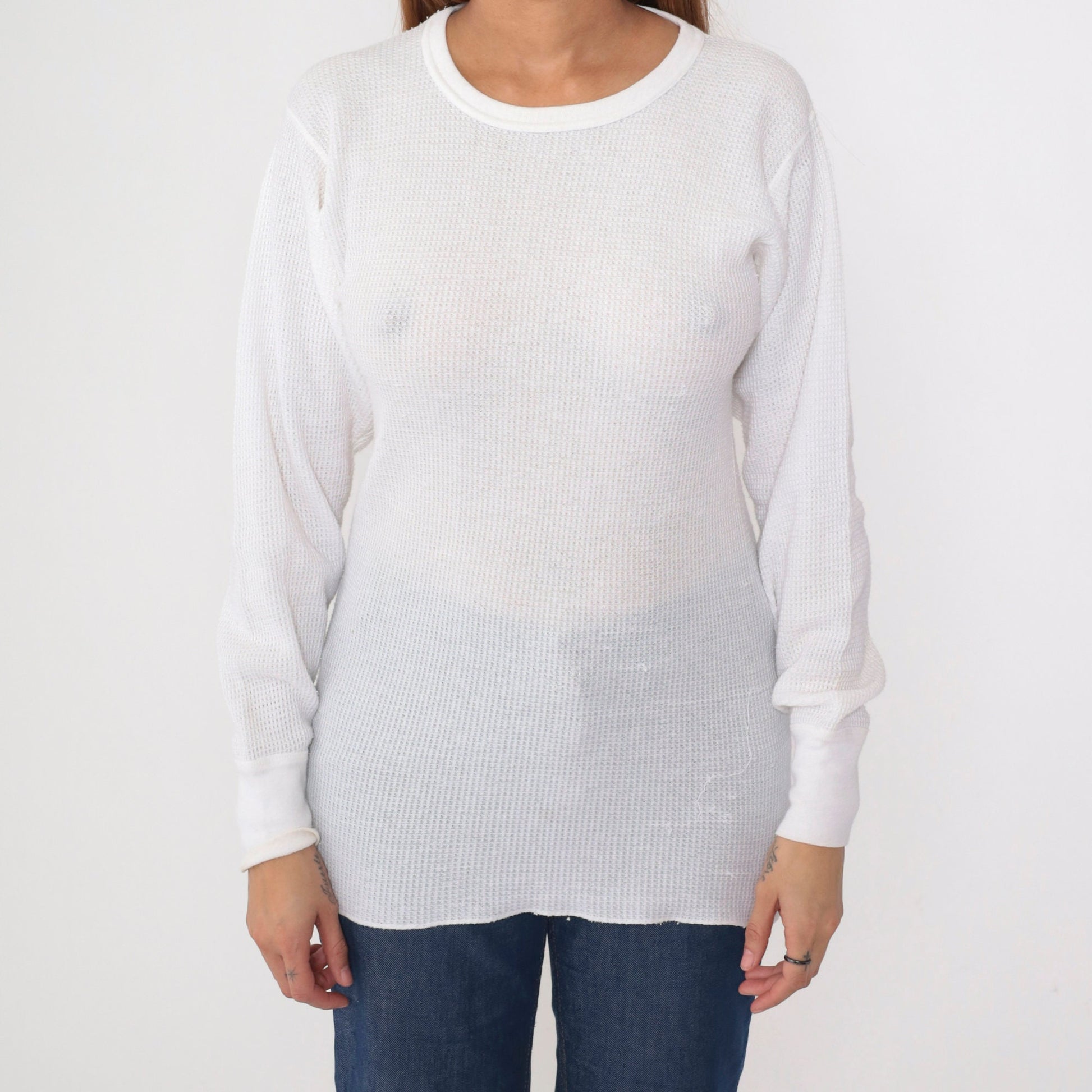 80s Greatland White Waffle Knit Thermal Long Sleeve Undershirt Small