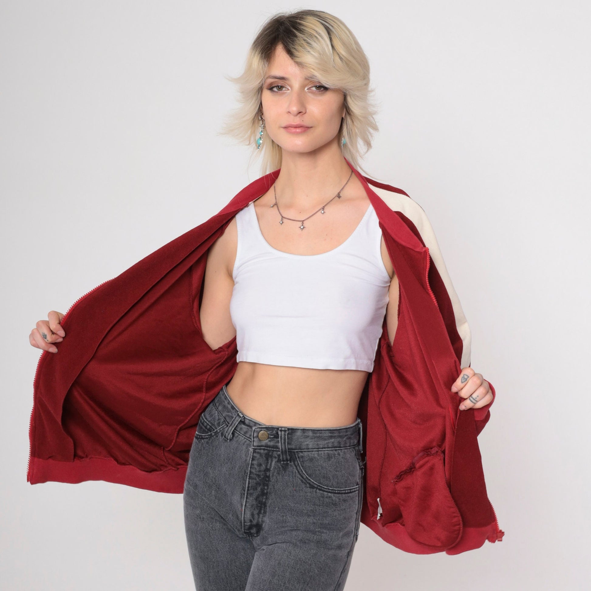 80s Lee Velour Track Jacket Burgundy Striped Zip Up Extra Large XL